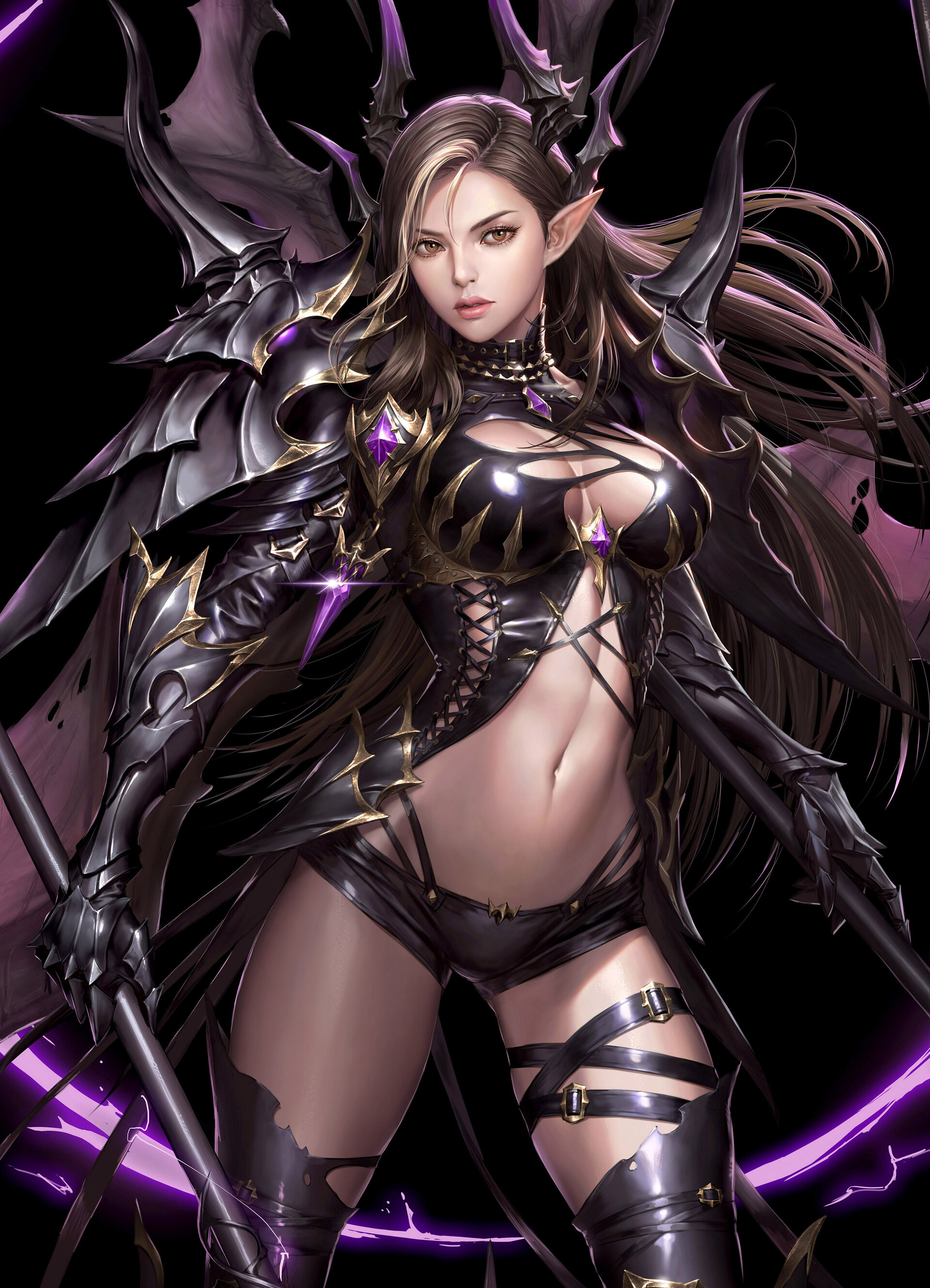 General 1920x2659 Bluezima drawing women brunette long hair wind armor wings weapon skimpy clothes cleavage straps torn clothes simple background warrior black background bikini armor
