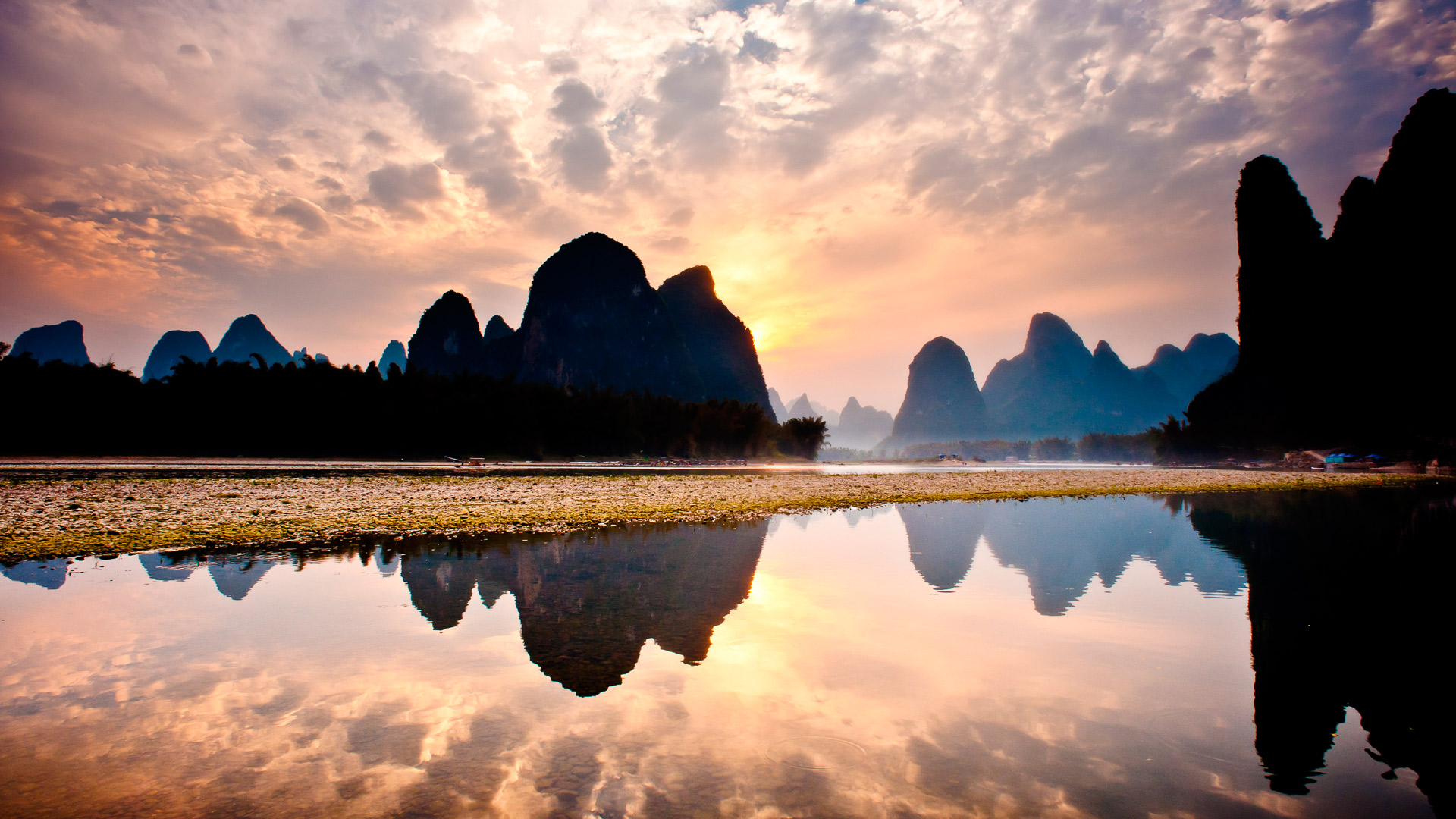 General 1920x1080 clouds landscape mountains water ripples sky Sun trees sunrise plants nature Li River China