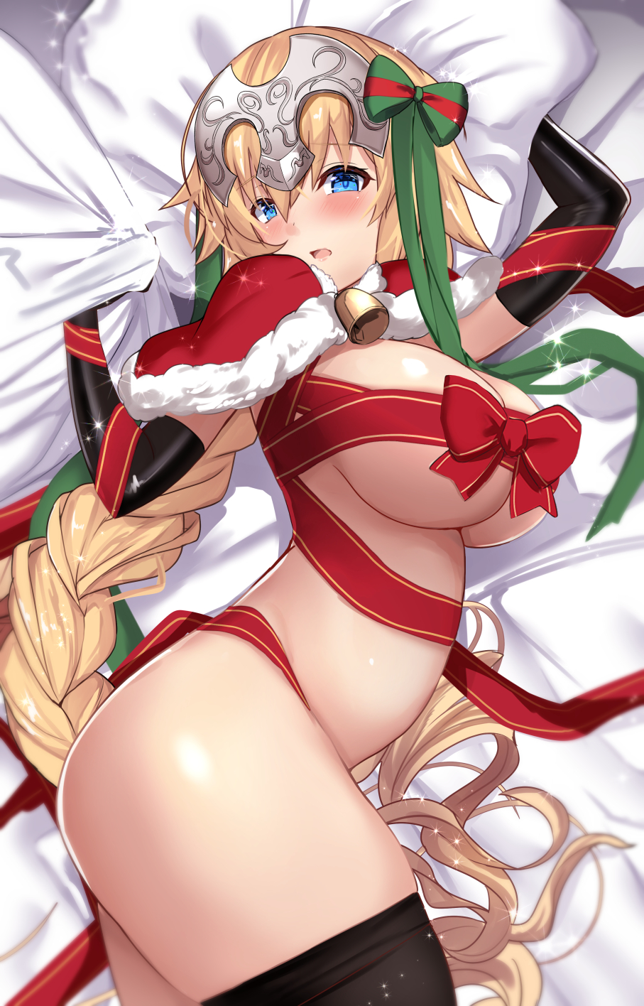 Anime 907x1416 anime anime girls digital art artwork 2D portrait display Untue Fate series Fate/Apocrypha  Jeanne d'Arc (Fate) blonde braids blue eyes blushing in bed thigh-highs big boobs Santa girl lying on side wrapped ribbon red ribbon naked ribbon