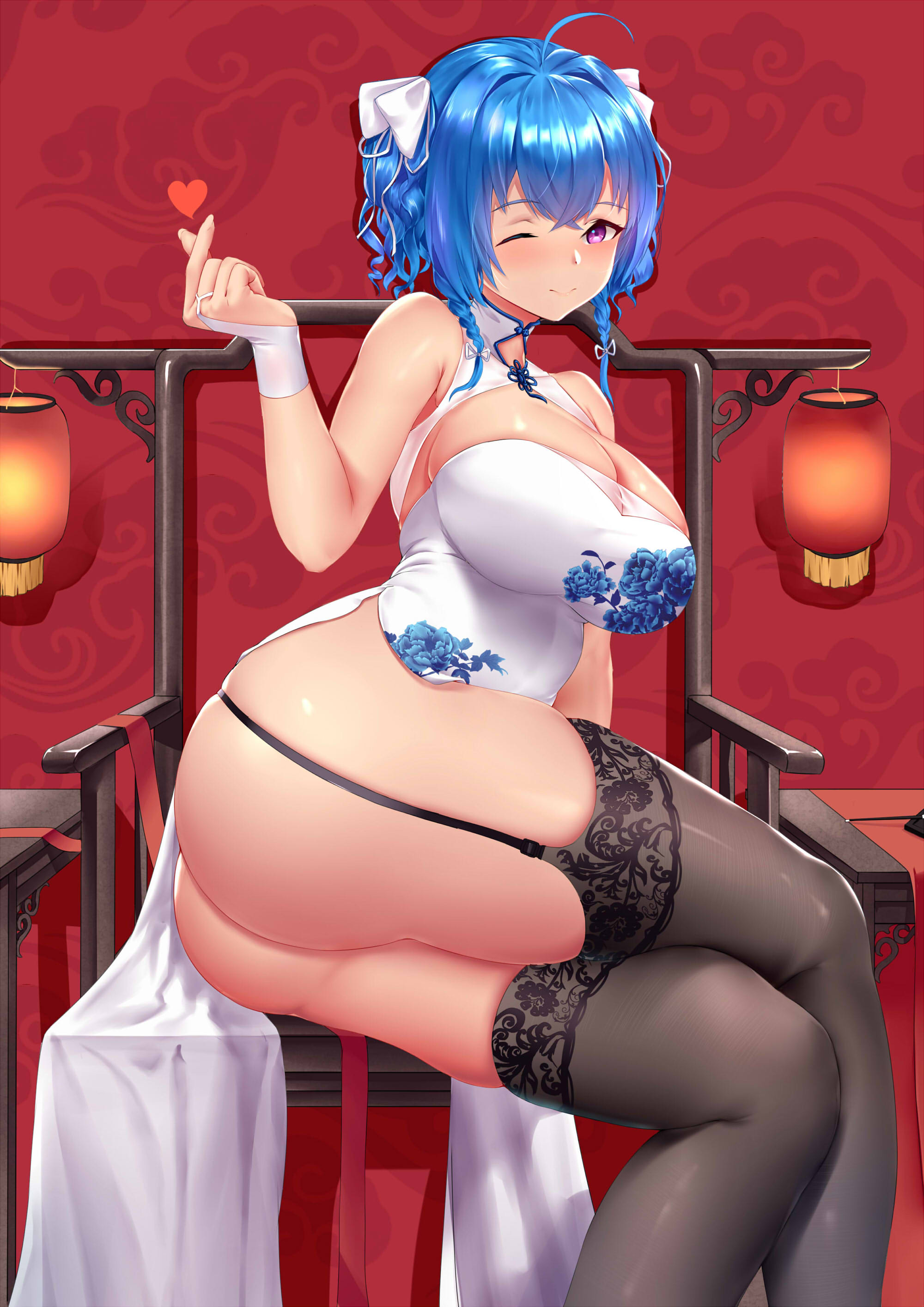 Anime 2000x2828 anime anime girls 2D artwork big boobs boobs stockings portrait display huge breasts blue hair ass Azur Lane Saint Louis (Azur Lane) cheongsam thighs wide hips black stockings