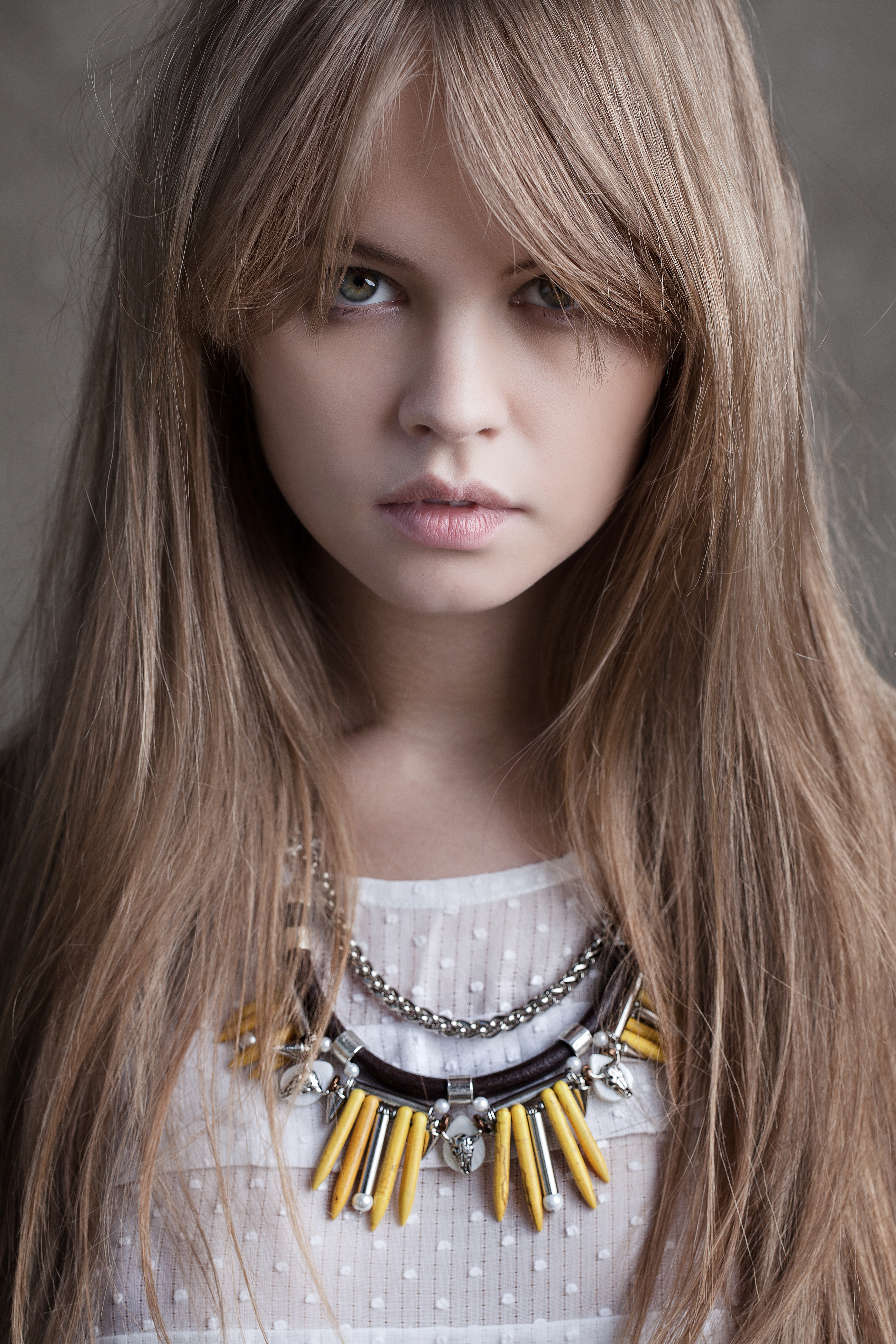 People 2591x3886 necklace Anastasia Scheglova long hair green eyes fringe hair portrait women model face