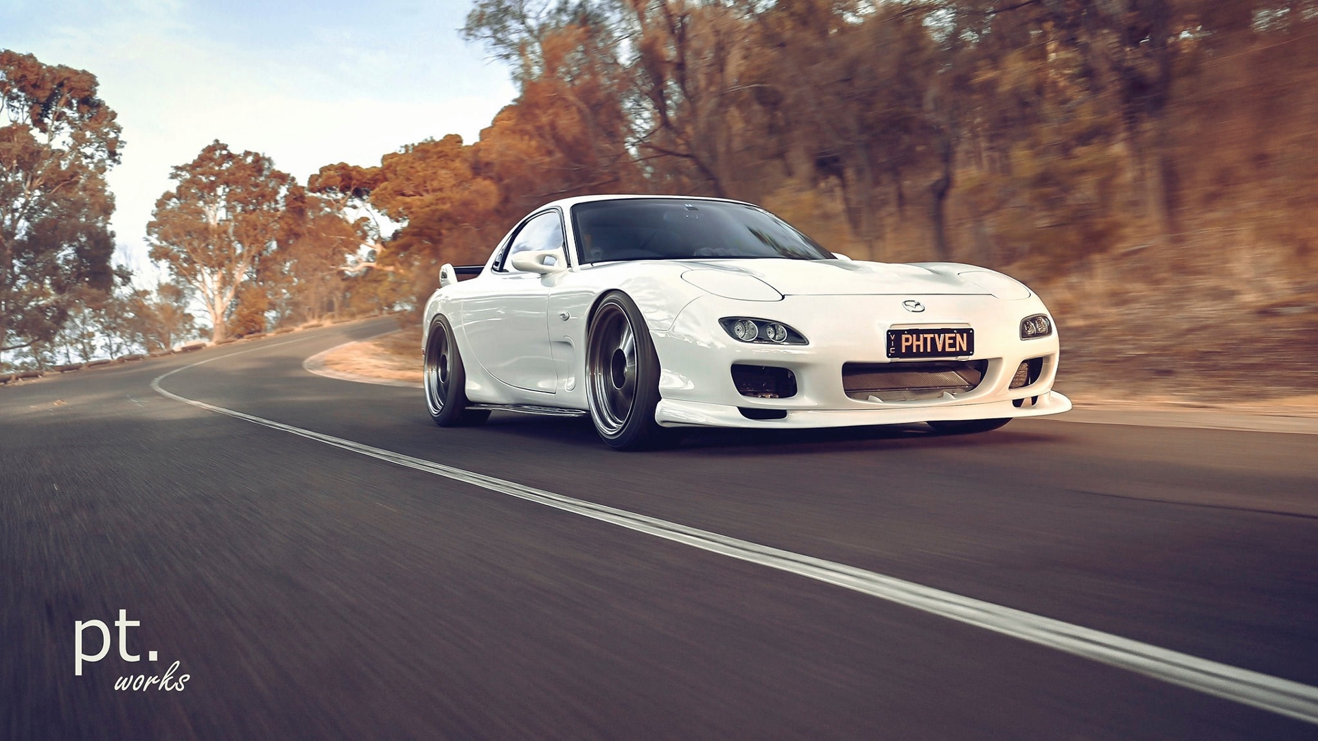 General 1920x1080 Mazda RX-7 Mazda Japanese cars white cars road trees motion blur sports car car vehicle pop-up headlights outdoors PT works