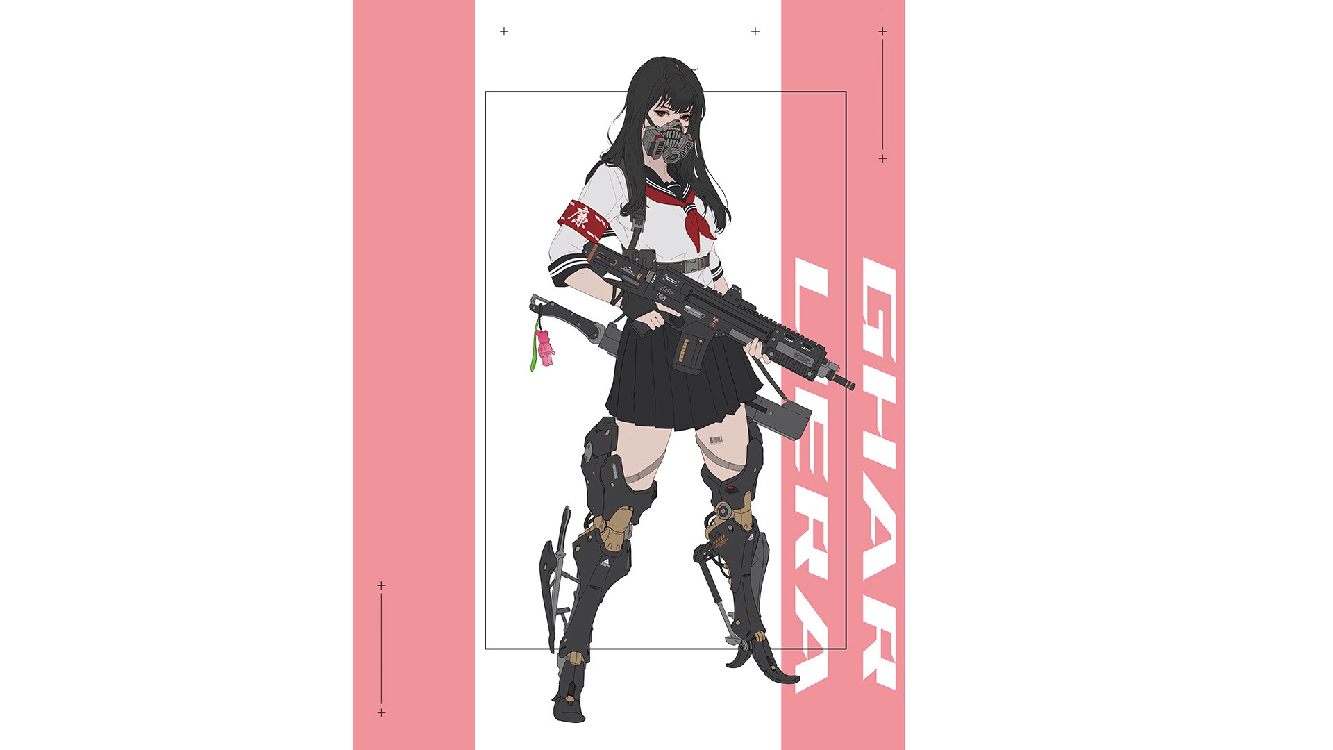 Anime 1920x1080 simple background weapon mask cyberpunk anime anime girls machine gun dark hair Park JunKyu