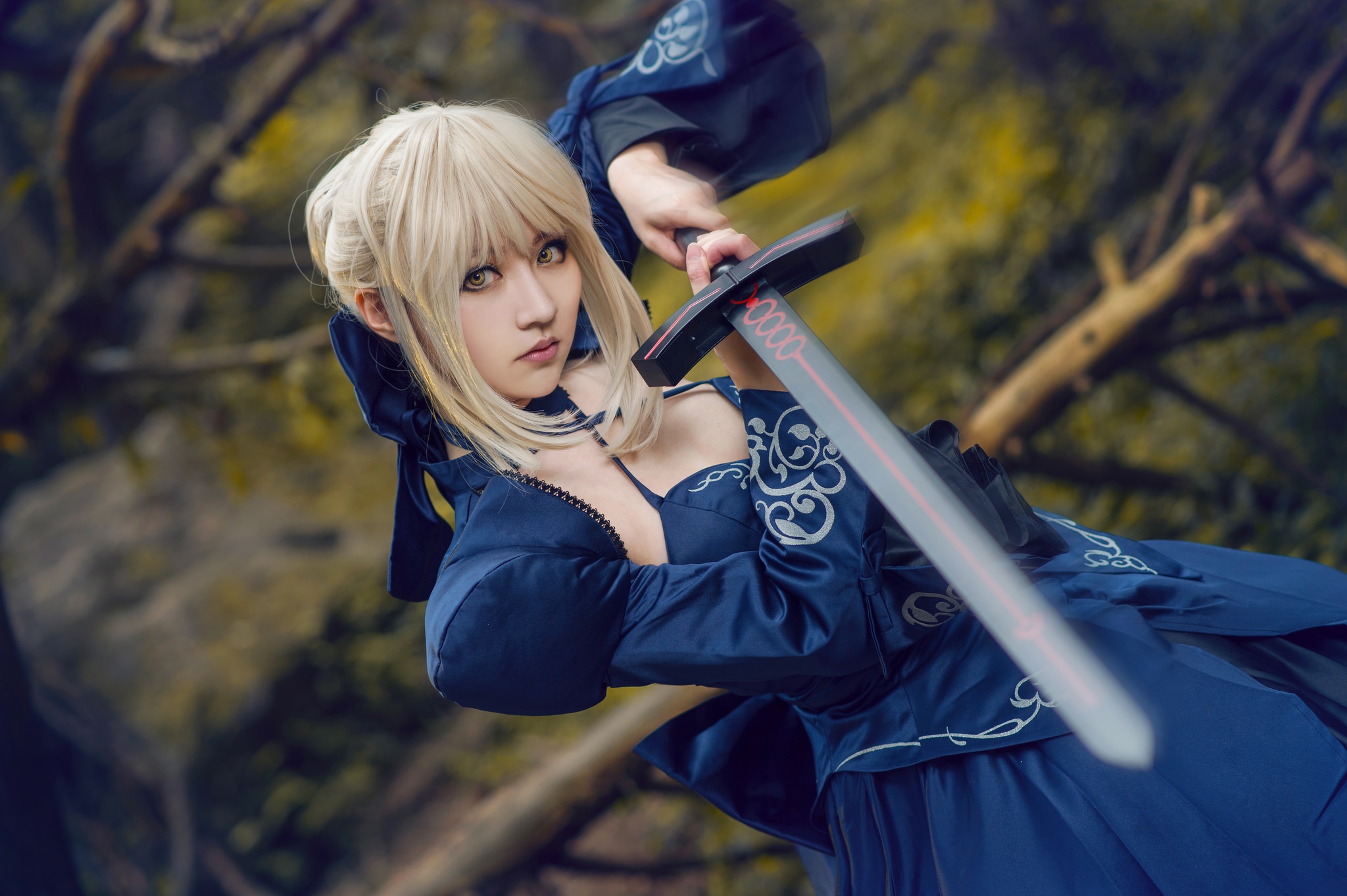 People 2048x1363 cosplay fantasy girl women model sword Asian blonde blue dress Saber Alter Fate series