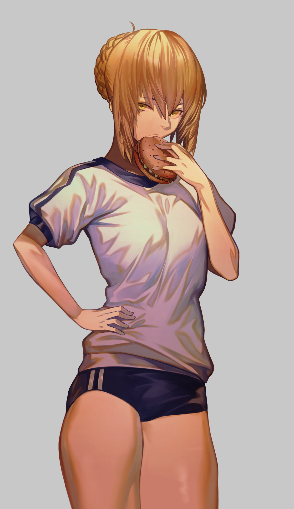 Anime 1234x2130 Fate series Fate/Grand Order Fate/Stay Night anime girls small boobs simple background gym clothes anime girls eating fan art 2D portrait display Saber Alter yellow eyes blonde Artoria Pendragon