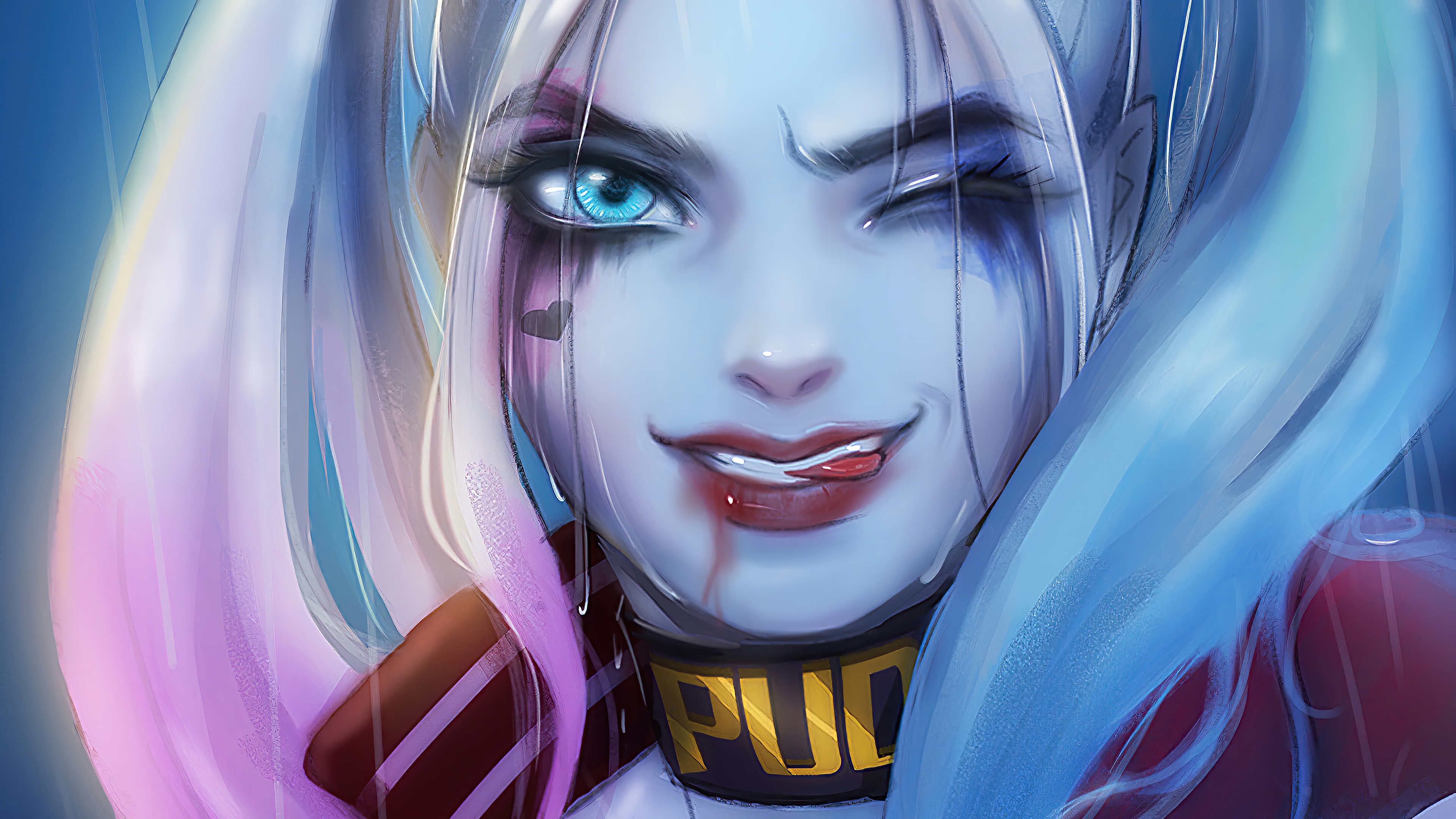 General 3840x2160 digital art artwork women Harley Quinn Suicide Squad twintails blue eyes biting wink choker