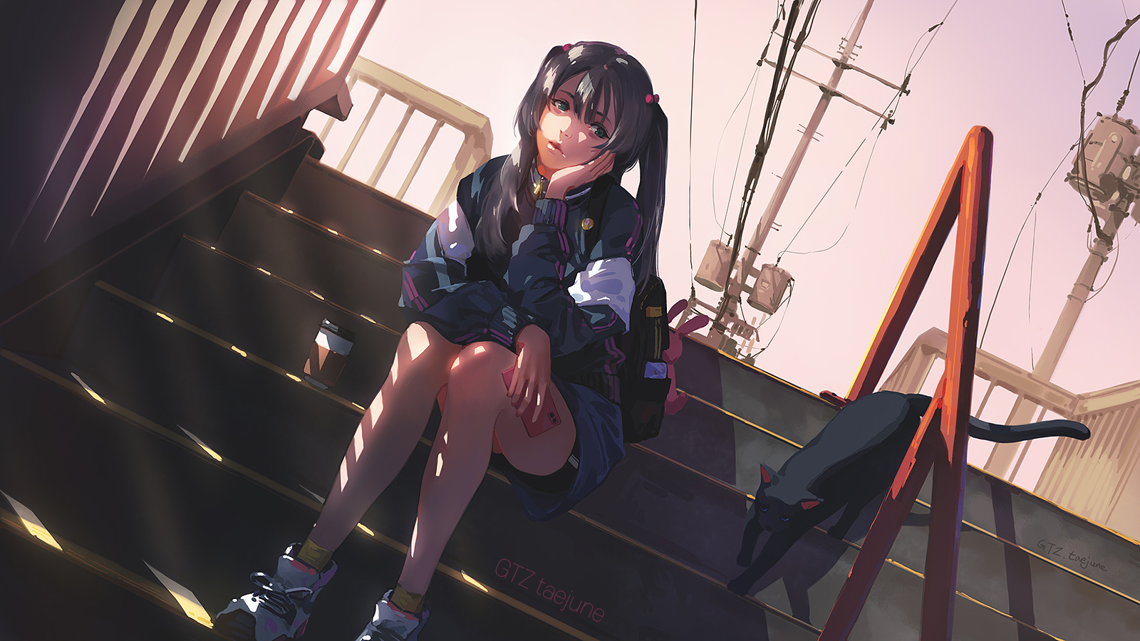 Anime 1600x900 anime anime girls brunette bangs twintails long hair jacket sitting stairs touching face looking away cellphone cats sky backpacks portrait artwork drawing digital art illustration Taejune Kim