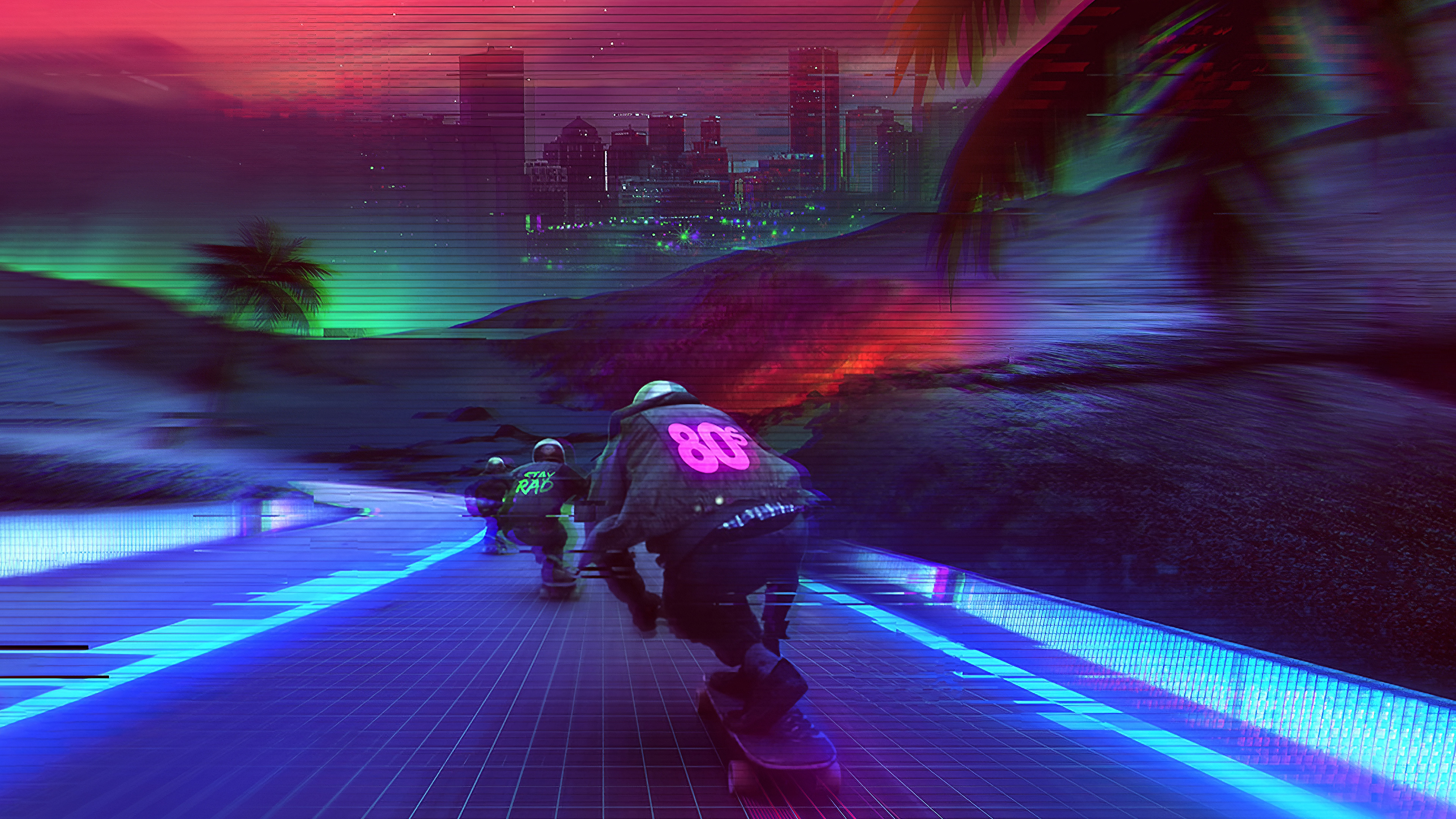 General 3840x2160 digital art artwork illustration vaporwave synthwave Synthpop retrowave people 1980s 80s neon lights colorful glowing skateboard skateboarding skating landscape trees palm trees glitch art city city lights architecture building tower skyscraper futuristic cyber cyber city cyberpunk road dark environment concept art