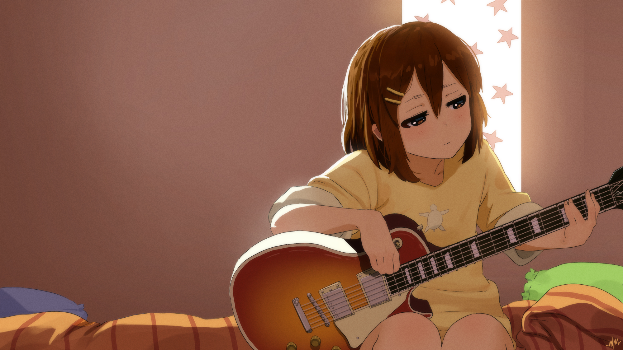 Anime 2000x1125 Hirasawa Yui K-ON! anime girls anime brunette T-shirt guitar musical instrument bedroom sitting fan art artwork digital art drawing illustration