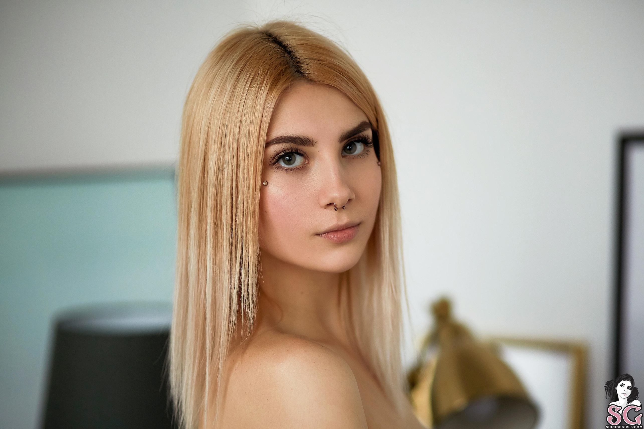 People 2570x1713 Suicide Girls model Lava_ women indoors women blonde face bare shoulders nose ring piercing depth of field portrait looking at viewer Caucasian watermarked closeup