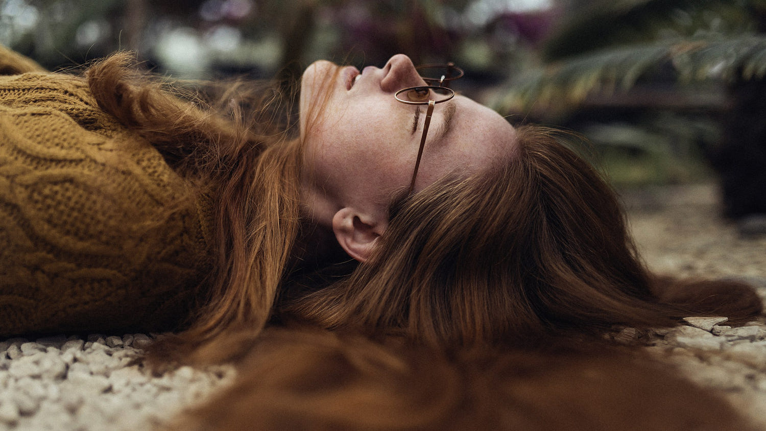 People 1500x844 Aleks Five women redhead long hair sweater glasses women with glasses lying down closed eyes