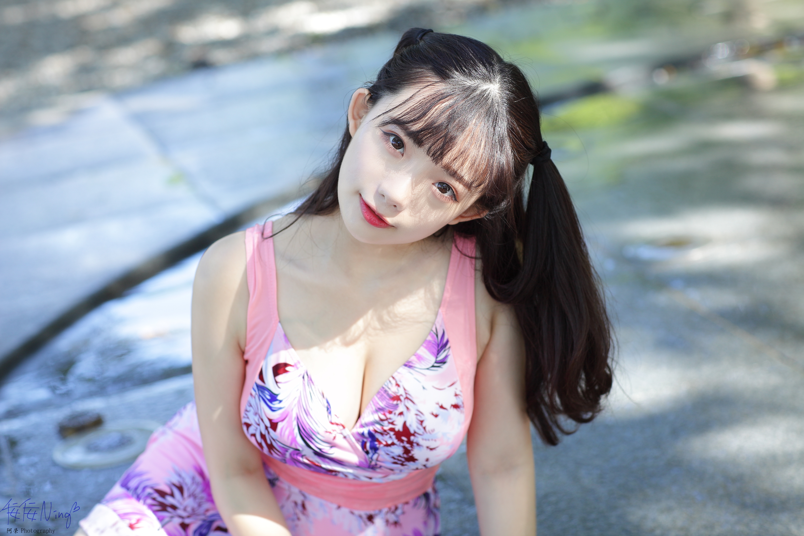 People 2560x1707 Ning Shioulin women model Asian brunette long hair twintails portrait looking at viewer bangs cleavage dress smiling red lipstick depth of field outdoors women outdoors