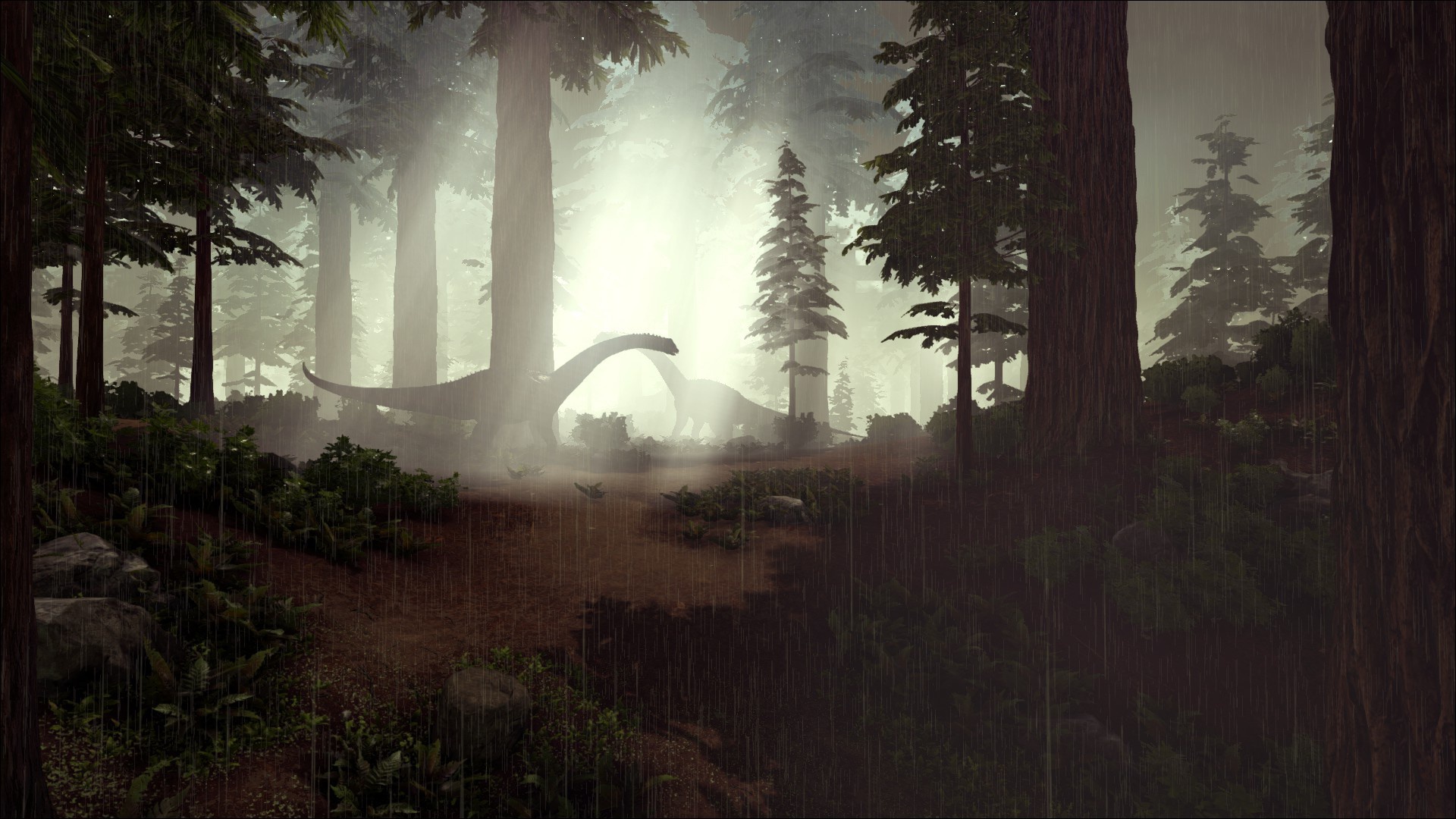 General 1920x1080 forest nature dinosaurs mist rain video games Ark: Survival Evolved video game art trees prehistoric