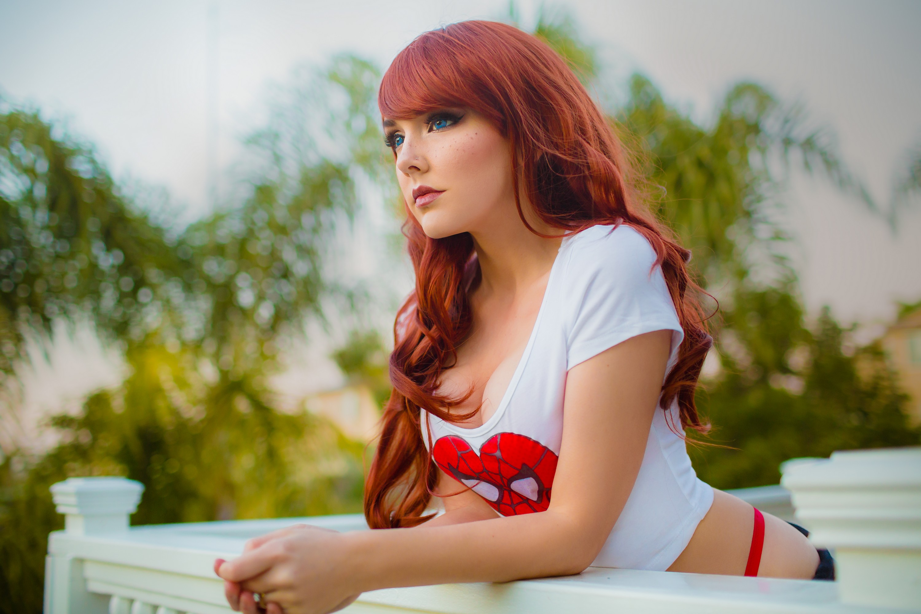 People 2999x2000 Darshelle Stevens cosplay redhead curvy blue eyes women white t-shirt cleavage model Spider-Man closed mouth Mary Jane Watson