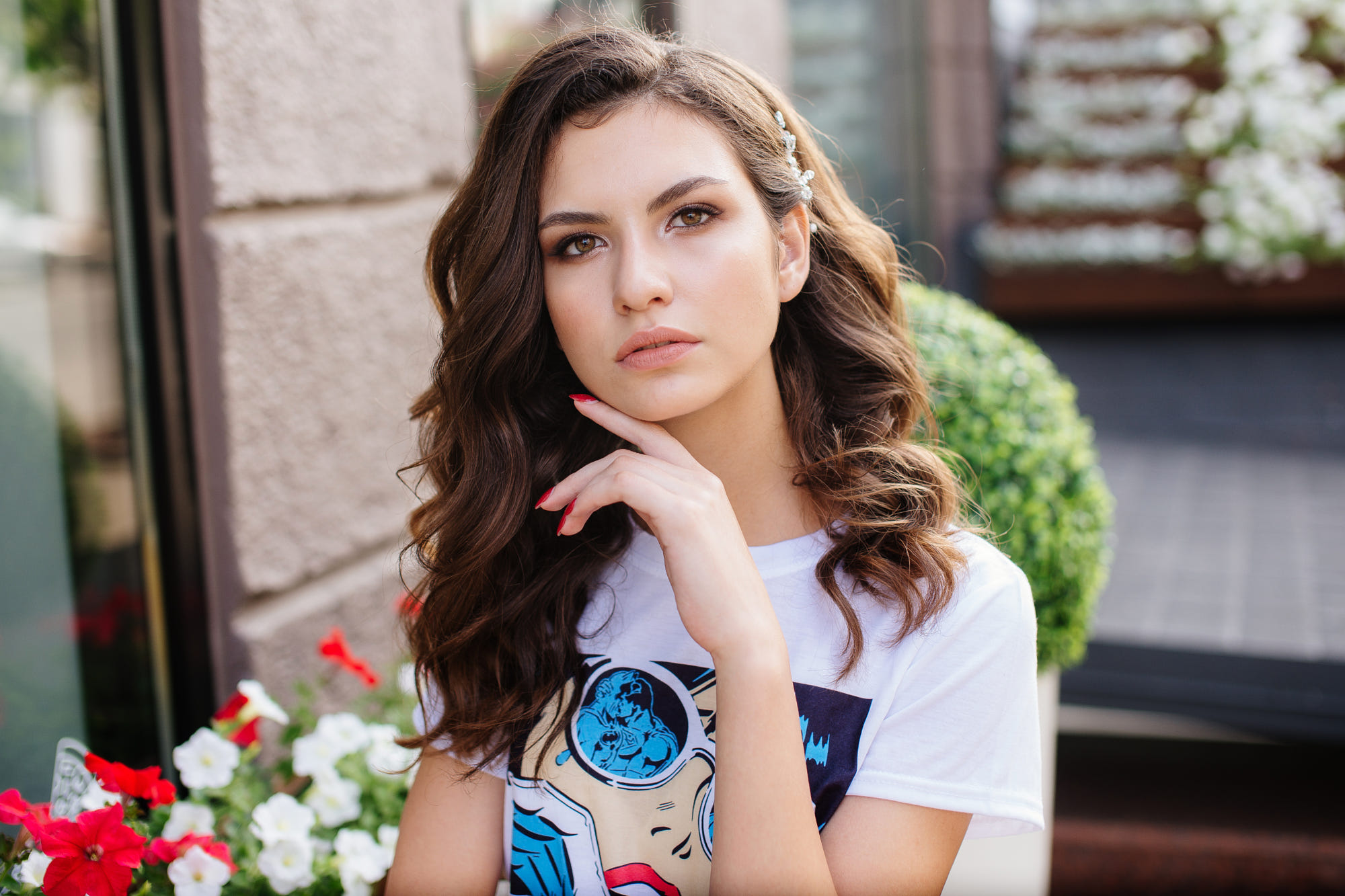 People 2000x1333 women model portrait brunette brown eyes looking at viewer open mouth curly hair red nails depth of field Roman Punenko white t-shirt T-shirt touching face