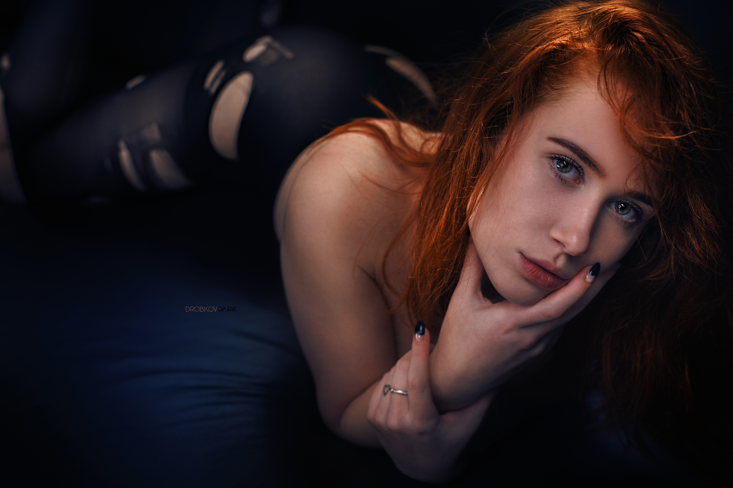 People 2560x1707 Elvira Pozdnysheva women model redhead looking at viewer touching face topless covering boobs pantyhose torn clothes lying on front couch bokeh dark painted nails indoors portrait women indoors Alexander Drobkov torn stockings