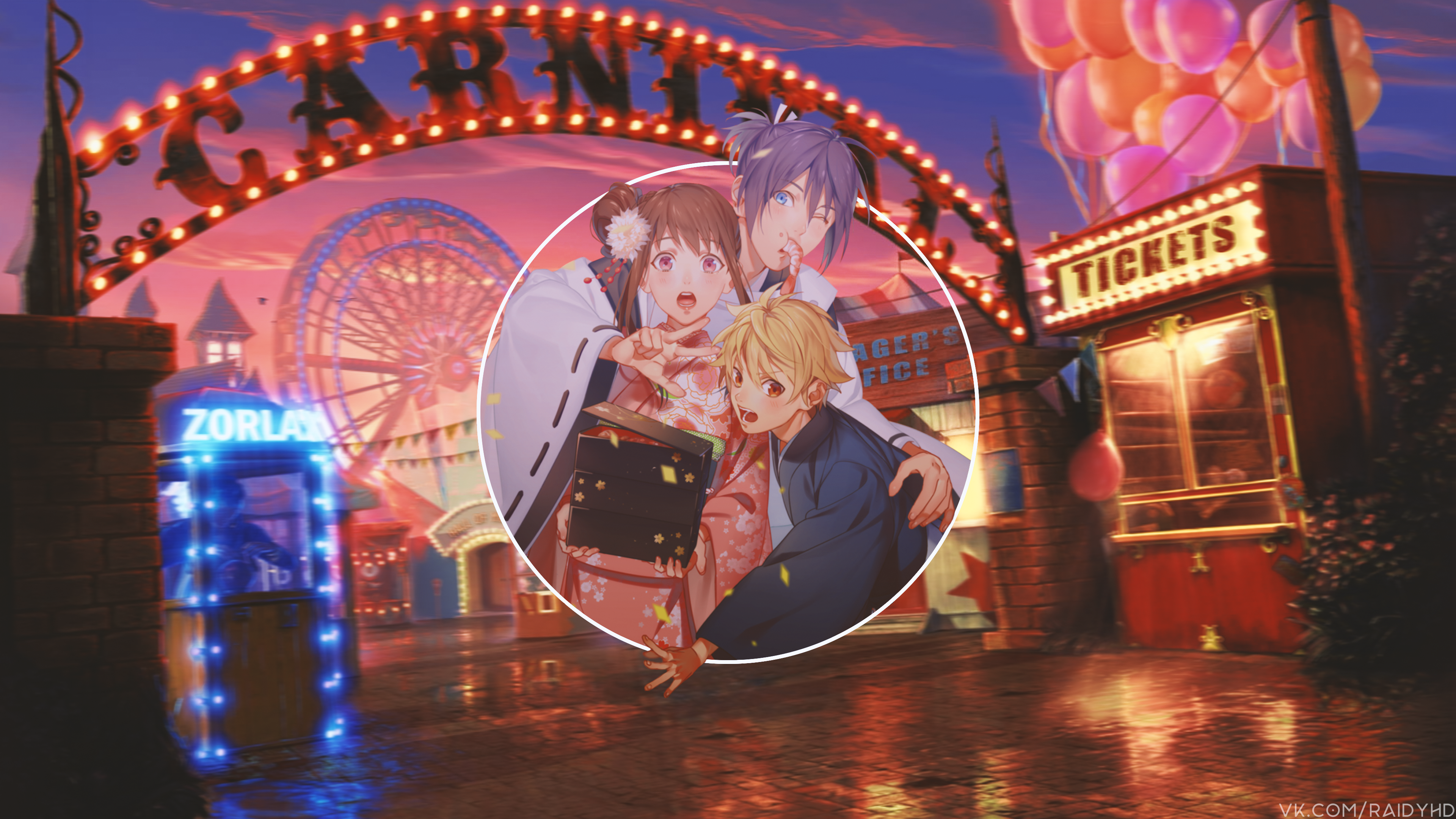 Anime 3840x2160 anime girls anime picture-in-picture sky Carnival watermarked open mouth short hair looking at viewer eating one eye closed tickets shrimp lights clouds ferris wheel sunset sunset glow anime boys kimono