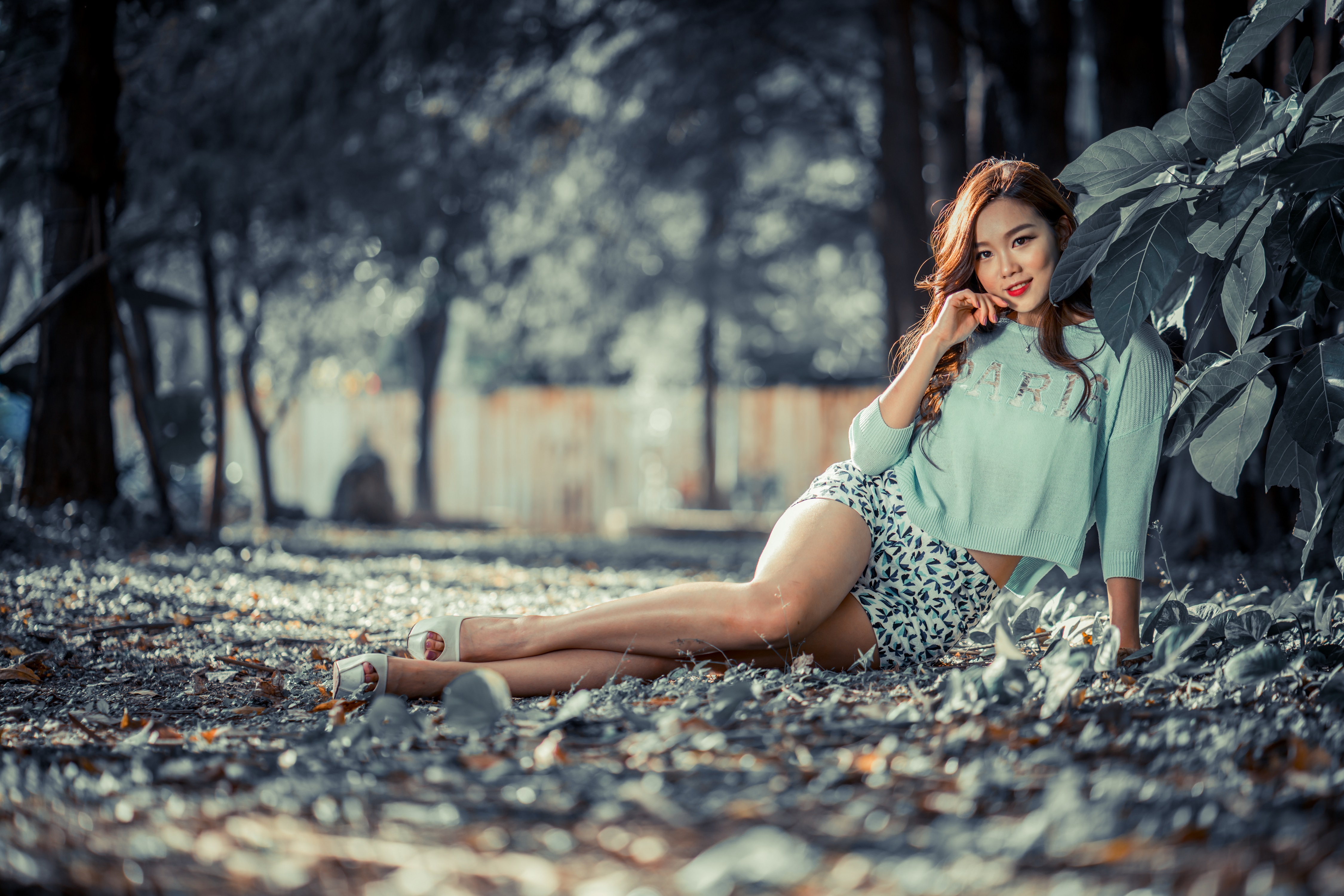 People 4500x3001 women model brunette Asian portrait outdoors looking at viewer smiling necklace sweater short shorts legs red lipstick women outdoors