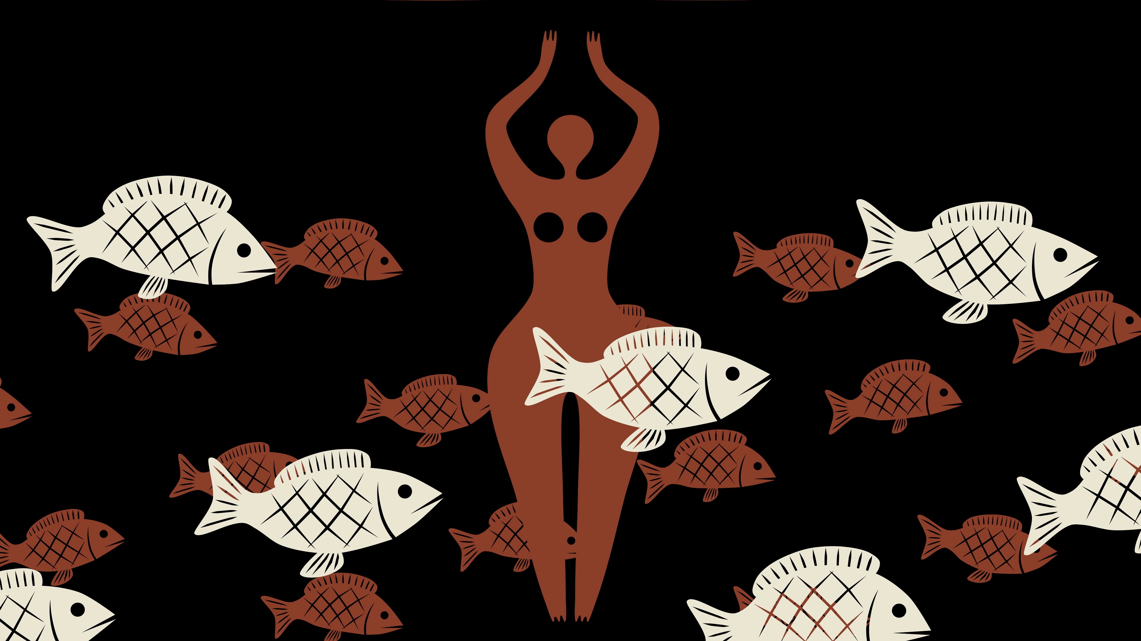 General 3840x2160 simple background black background fish women arms up minimalism pisces brown wide hips black