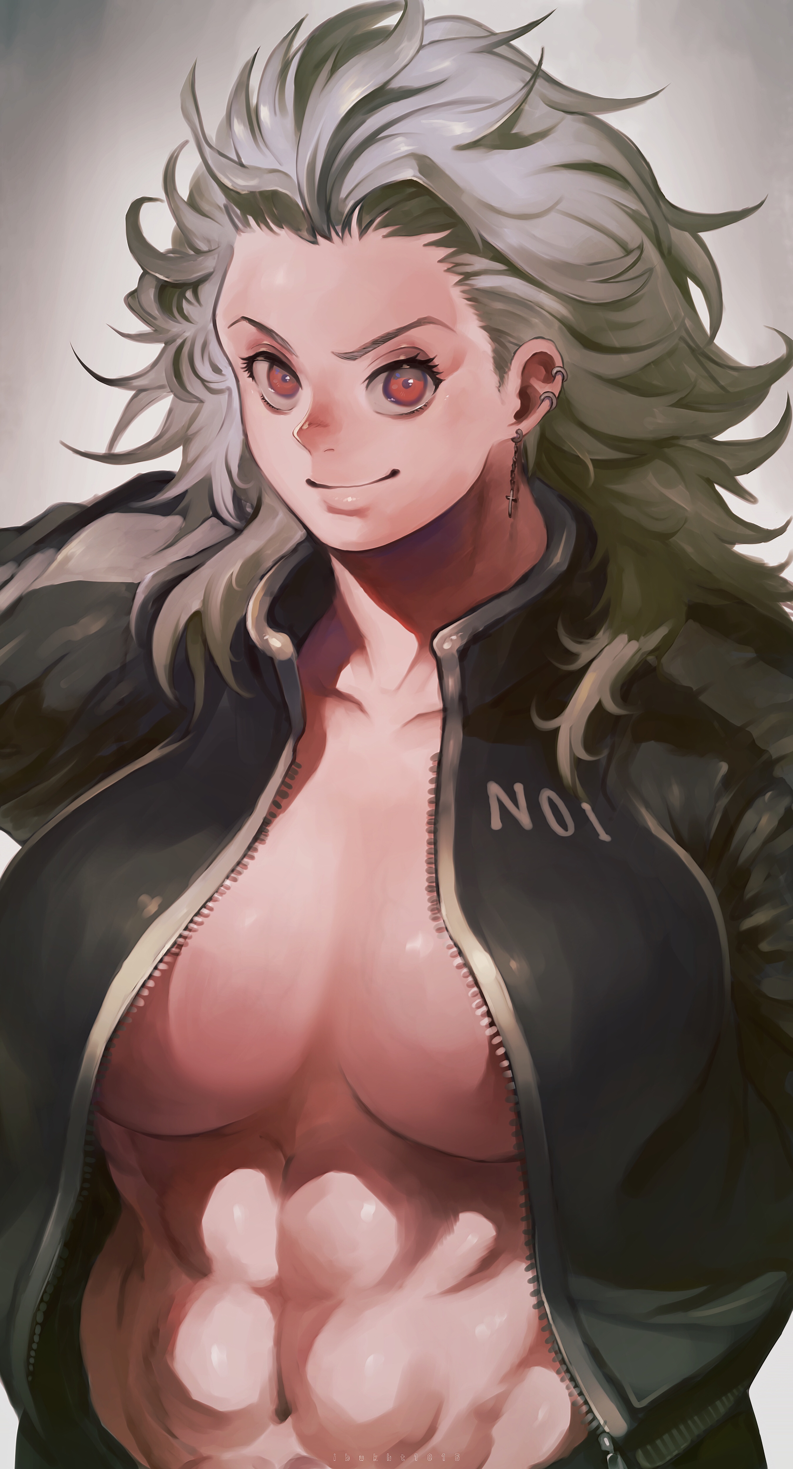 Anime 2700x5000 Dorohedoro anime girls big boobs 2D cleavage no bra long hair gray hair fan art smiling looking at viewer simple background belly button muscular 6-pack abs black jackets Noi (Dorohedoro) portrait display red eyes anime