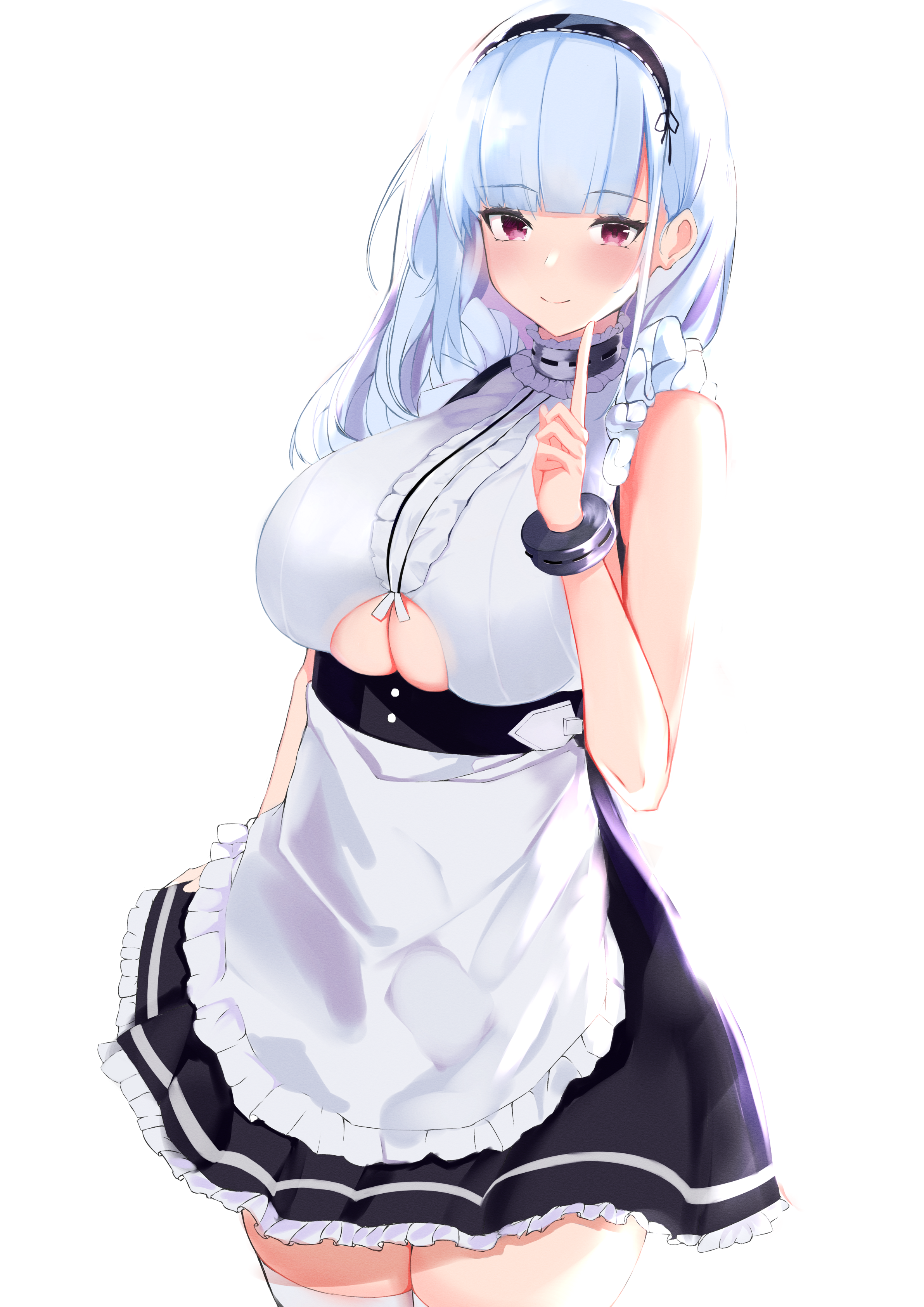 Anime 2382x3368 anime underboob blushing bracelets white background simple background smiling looking at viewer red eyes Azur Lane thighs thigh-highs Dido (Azur Lane) huge breasts big boobs cleavage cutout blue hair maid outfit anime girls artwork Nephthys
