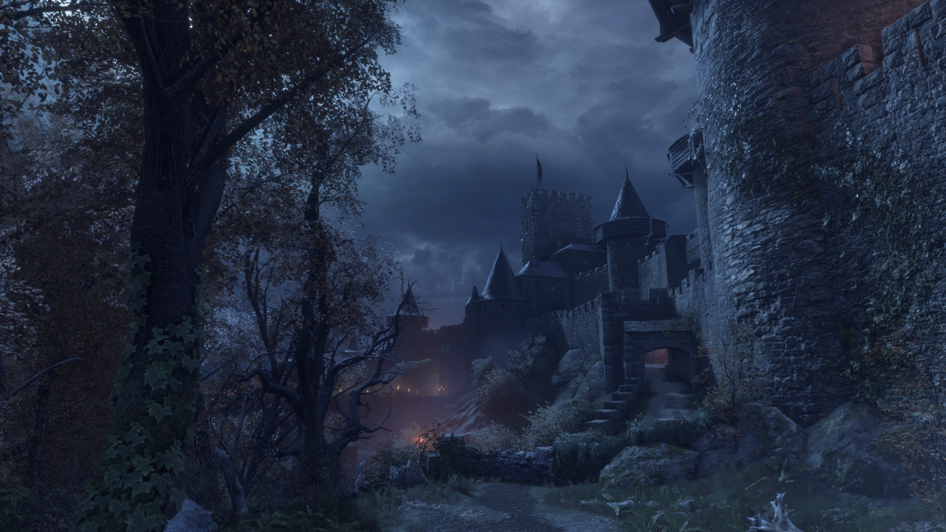 General 1920x1080 architecture castle medieval night trees leaves dark A Plague Tale Innocence video game art branch video games tower