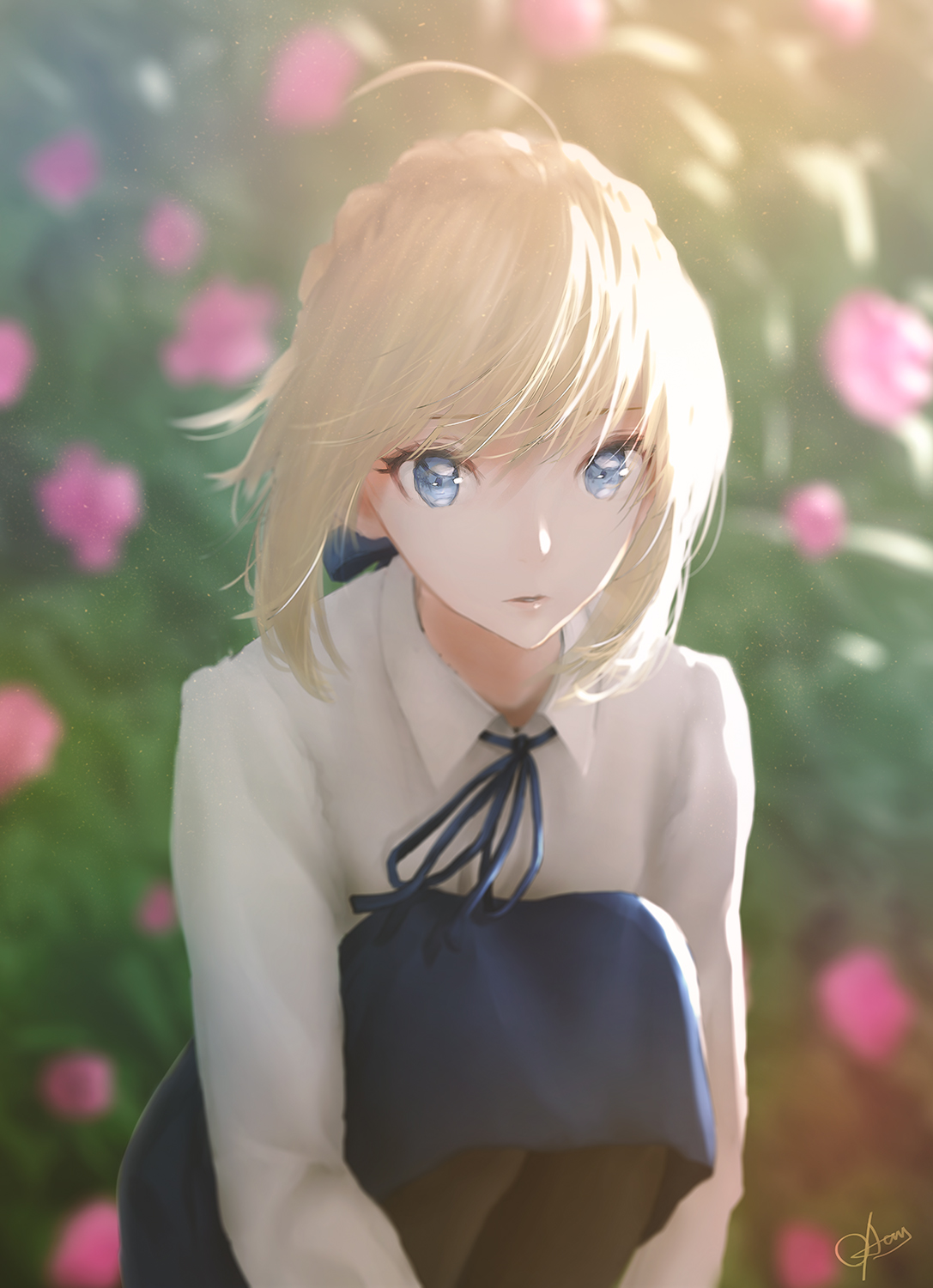 Anime 1087x1500 Fate series Fate/Stay Night anime girls 2D portrait display open mouth looking at viewer blue eyes pink roses Saber fan art blonde artwork Ojay Tkym Artoria Pendragon