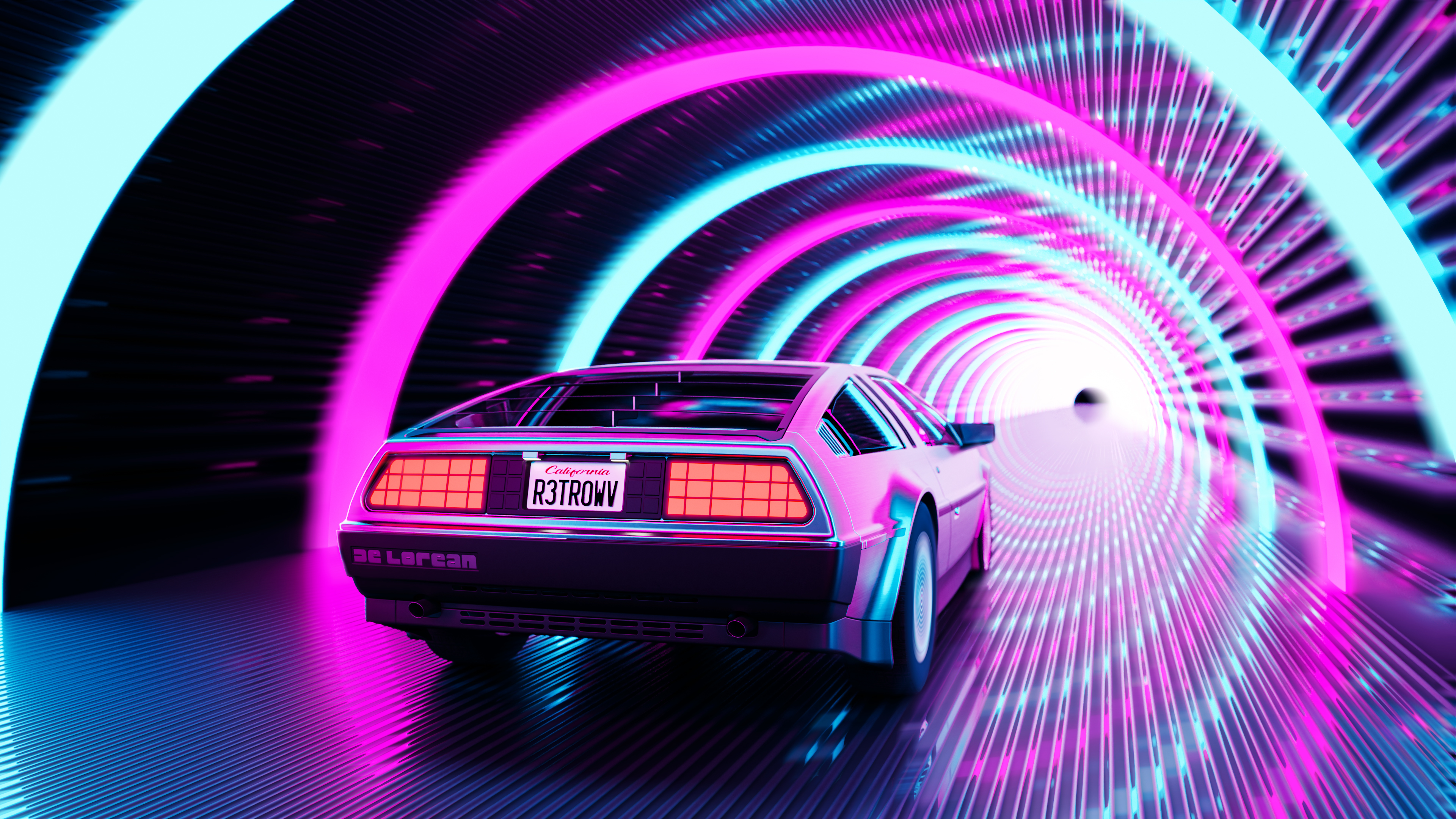 General 3840x2160 car artwork retrowave road tunnel DeLorean cyan pink American cars