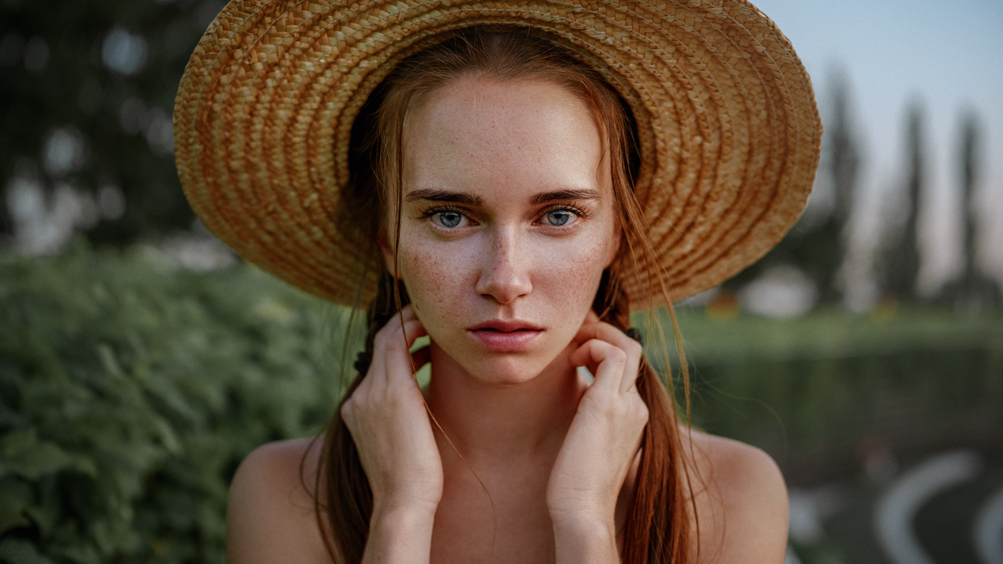 People 2000x1125 women model hat women outdoors face portrait Georgy Chernyadyev Anastasia Nelen depth of field closeup blue eyes brunette twintails freckles thick eyebrows thick eyelashes long eyelashes straw hat long hair curvy bare shoulders braids implied nude