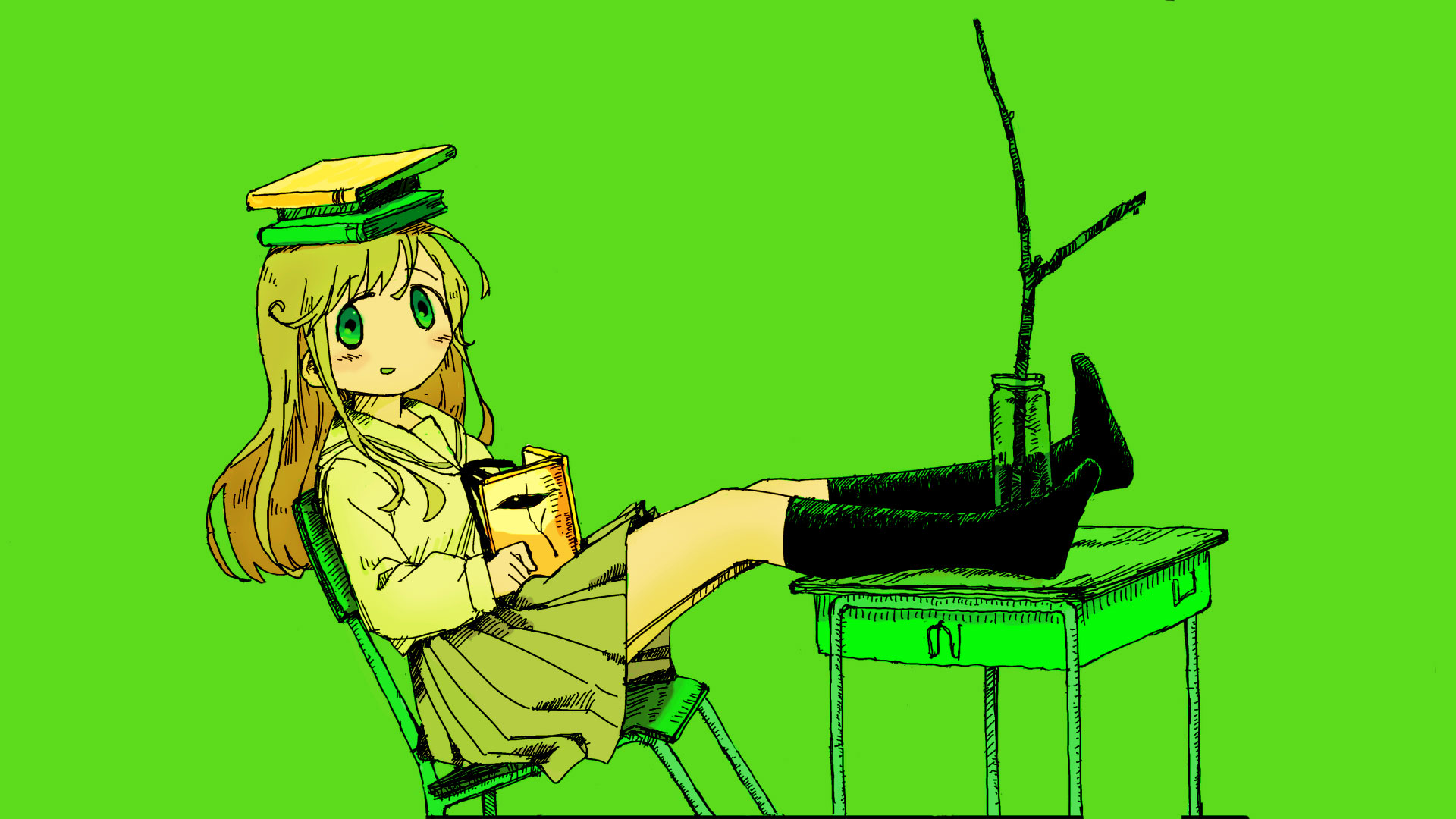 Anime 1920x1080 selective coloring green background anime girls books anime simple background