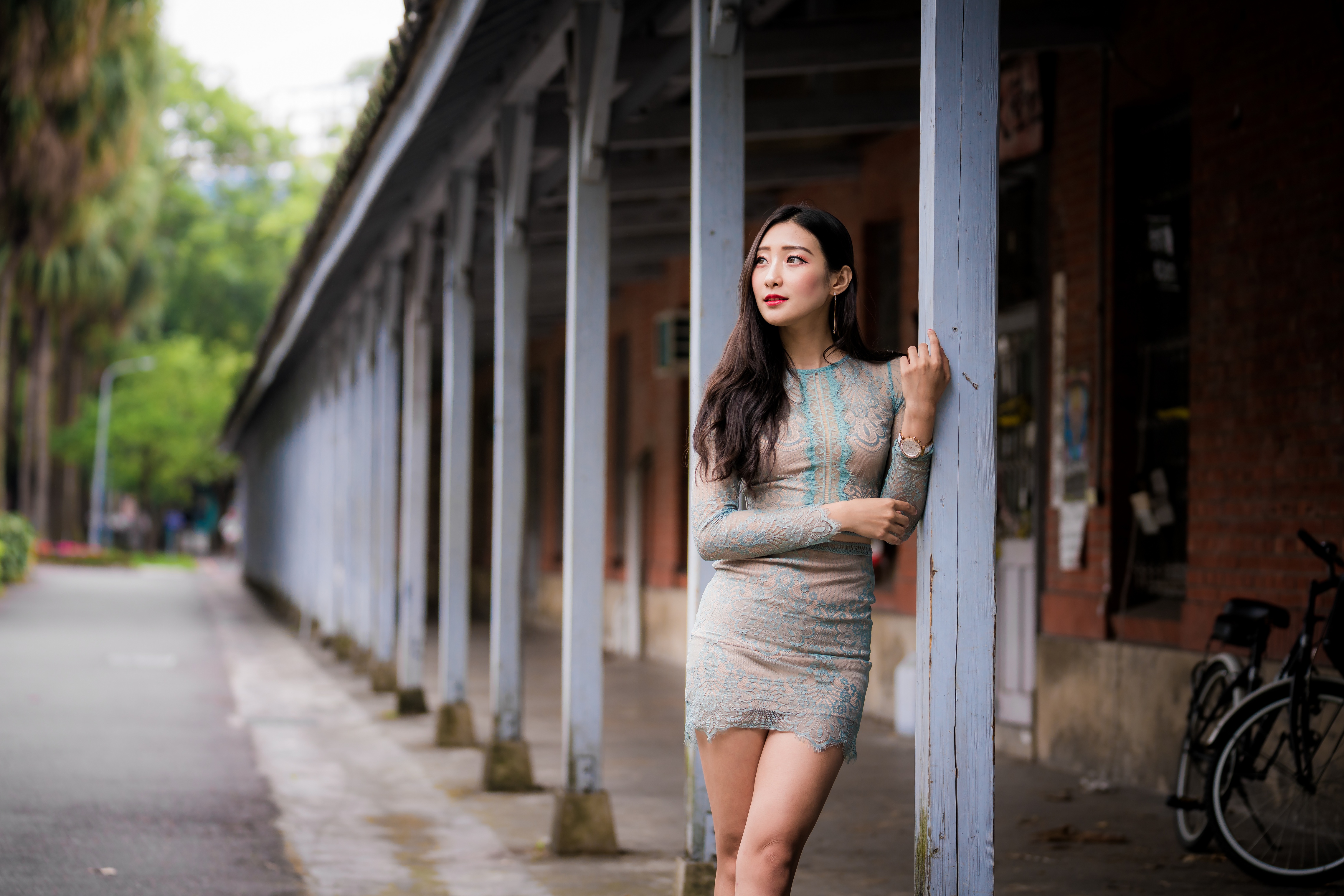 People 4562x3043 Asian women model long hair brunette depth of field minidress leaning wristwatch earring urban women outdoors standing Chinese