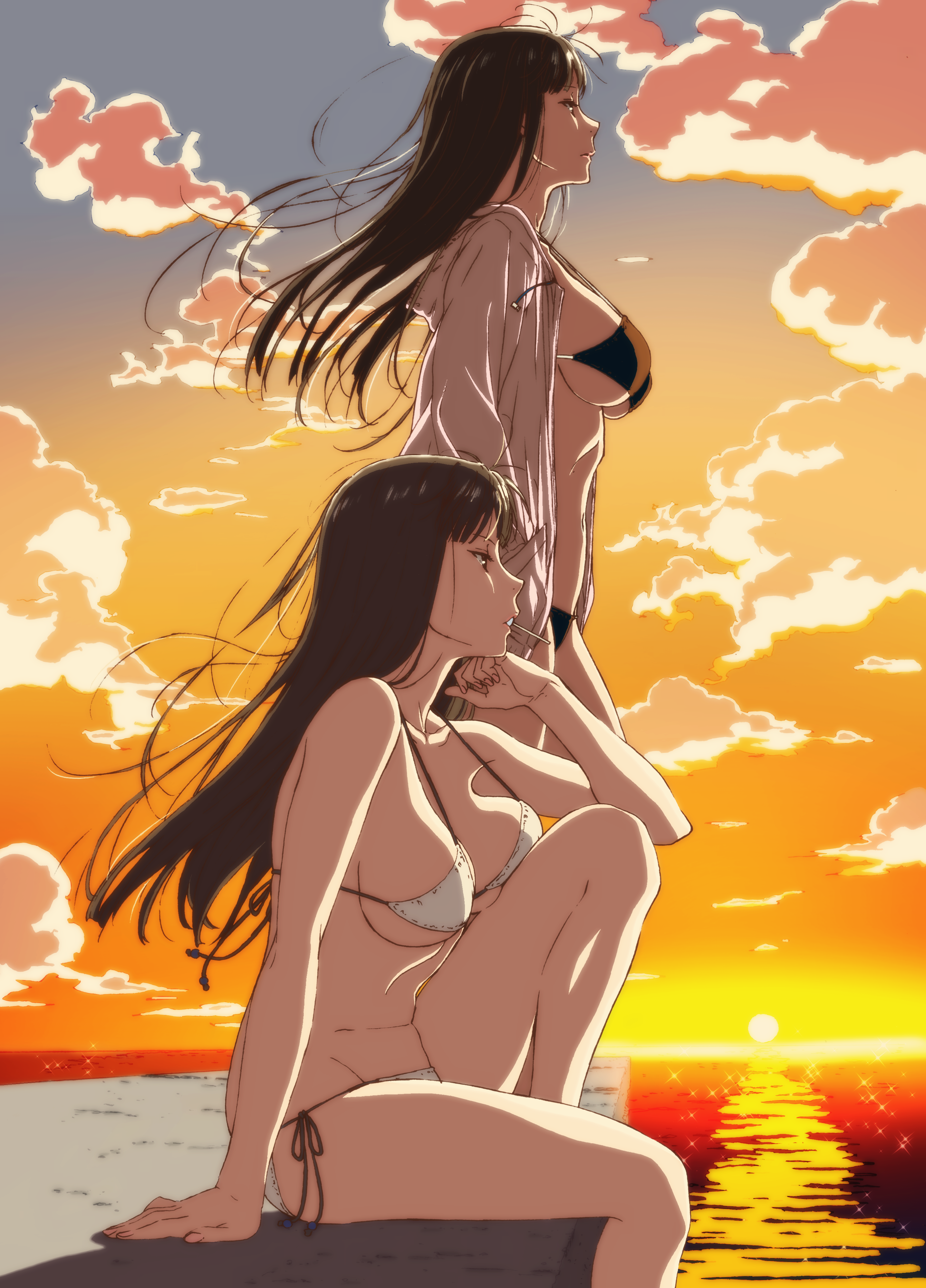 Anime 2874x4000 anime anime girls twins brunette profile lollipop bikini swimwear belly side view artwork drawing 2D illustration digital art original characters dock bangs Kakitama
