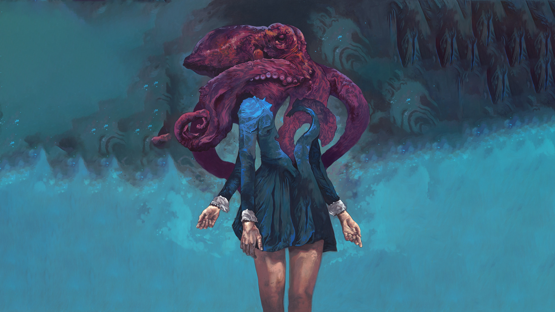 General 1920x1080 digital art artwork fantasy art women octopus black anno 19 Cthulhu