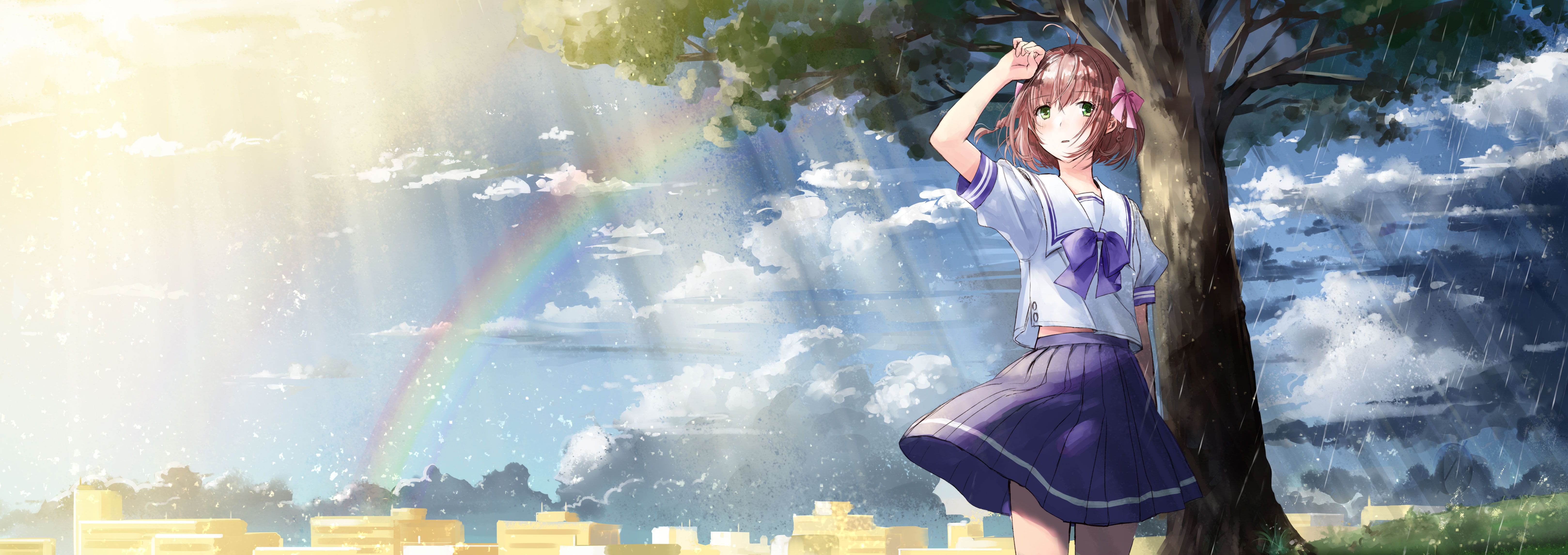 Anime 6474x2293 rainbows landscape anime girls anime miniskirt trees outdoors school uniform Rumbling Hearts rain