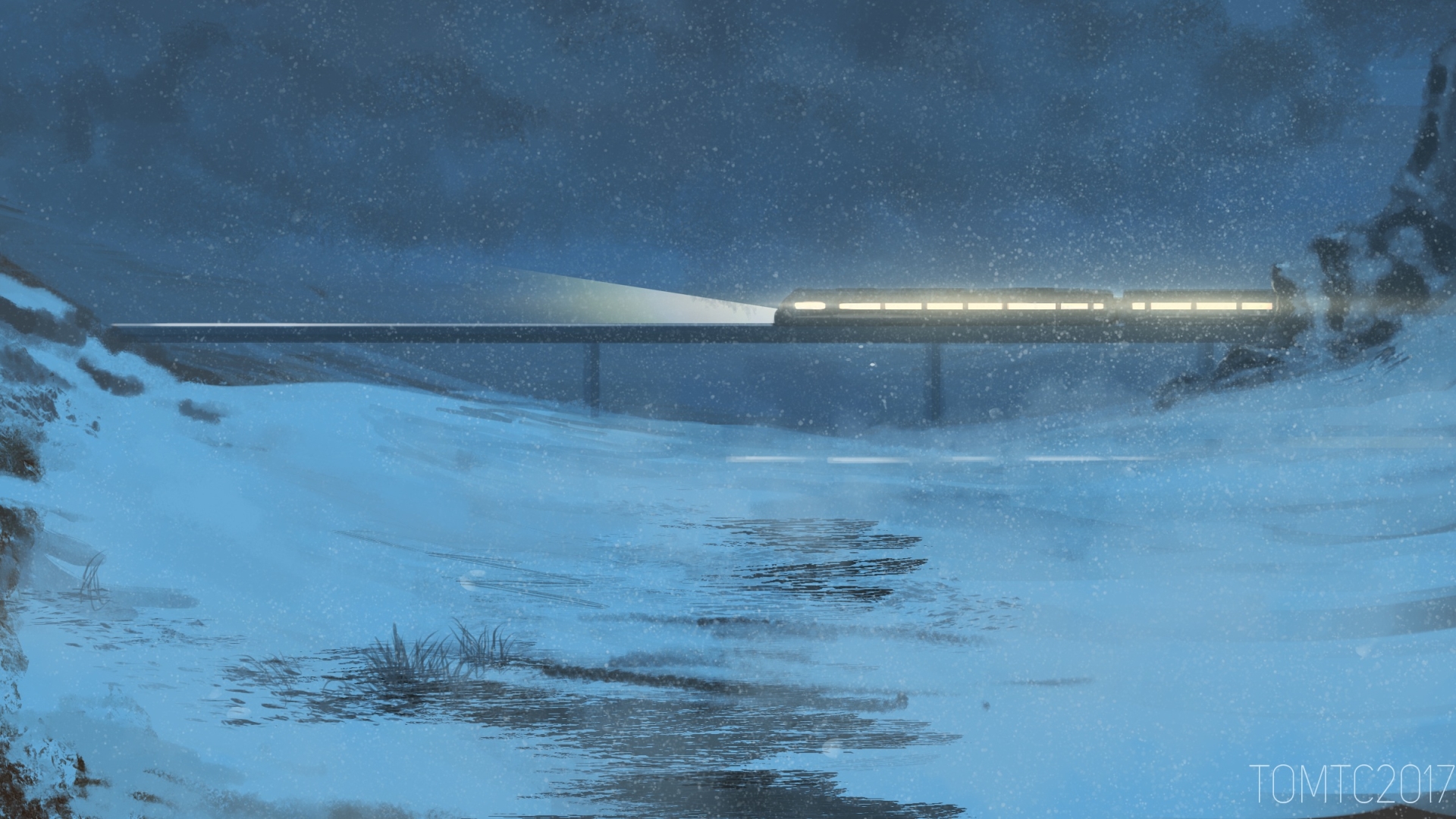 General 1920x1080 landscape winter snow train lights bridge digital art evening valley TomTC DeviantArt