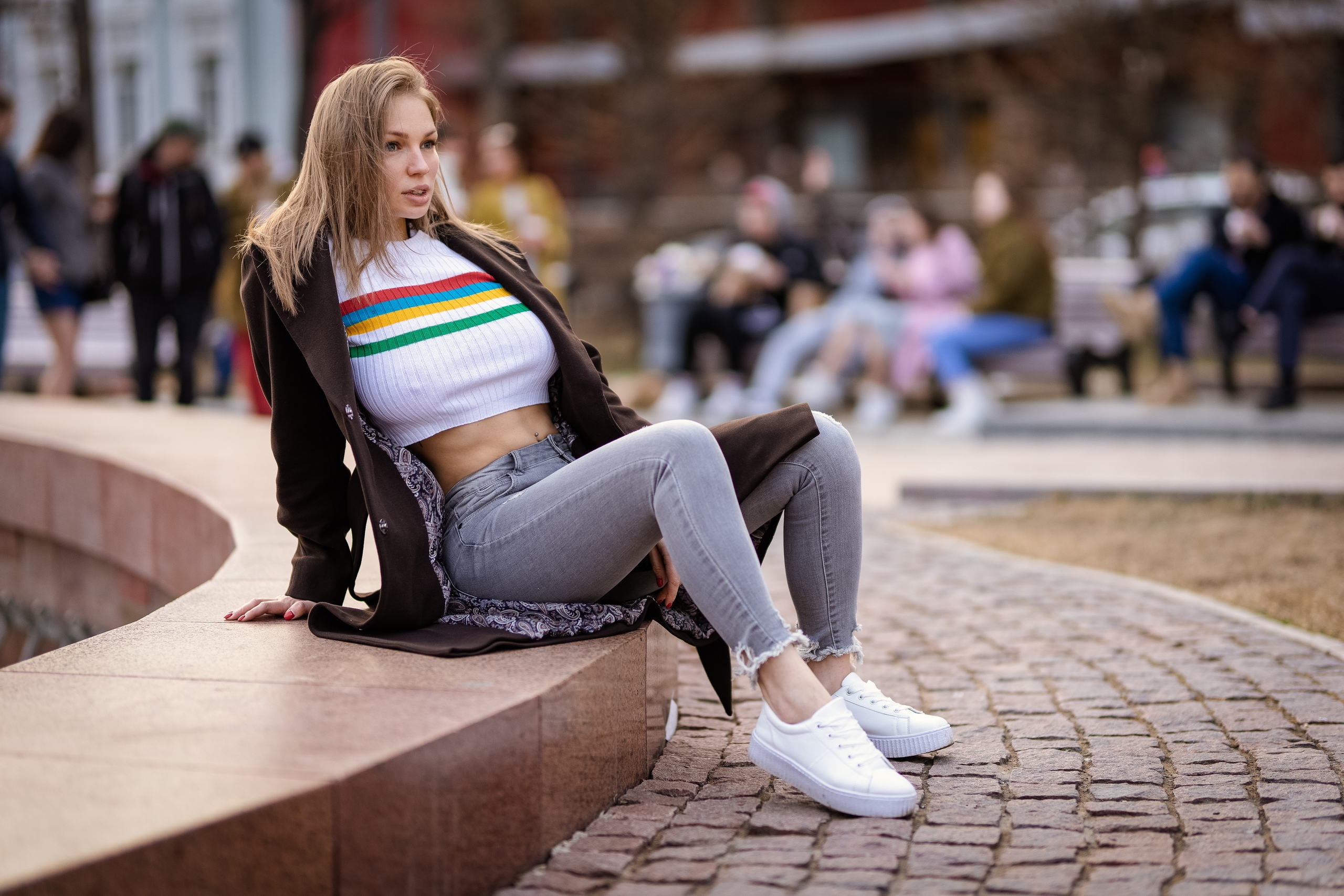 People 2560x1707 Anna Bykanova women model blonde long hair looking away smiling crop top white tops belly pierced navel jeans coats sitting urban depth of field outdoors women outdoors Ilya Pistoletov no bra nipples through clothing painted nails red nails people brown jacket T-shirt striped tops nipple bulge
