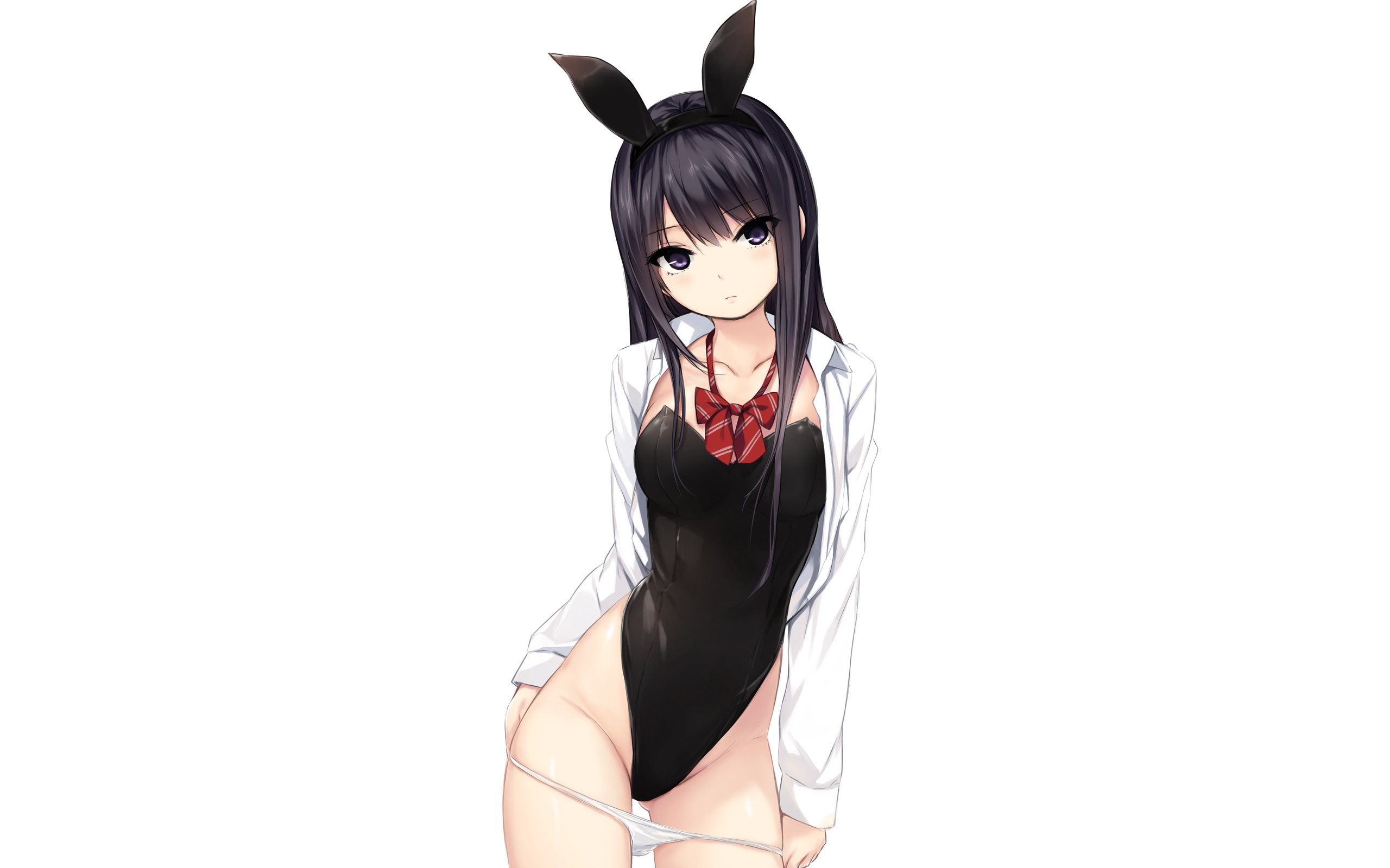 Anime 2560x1600 Shiramine Rika bunny girl bunny suit panties down open shirt dark hair purple eyes anime girls Coffee-Kizoku
