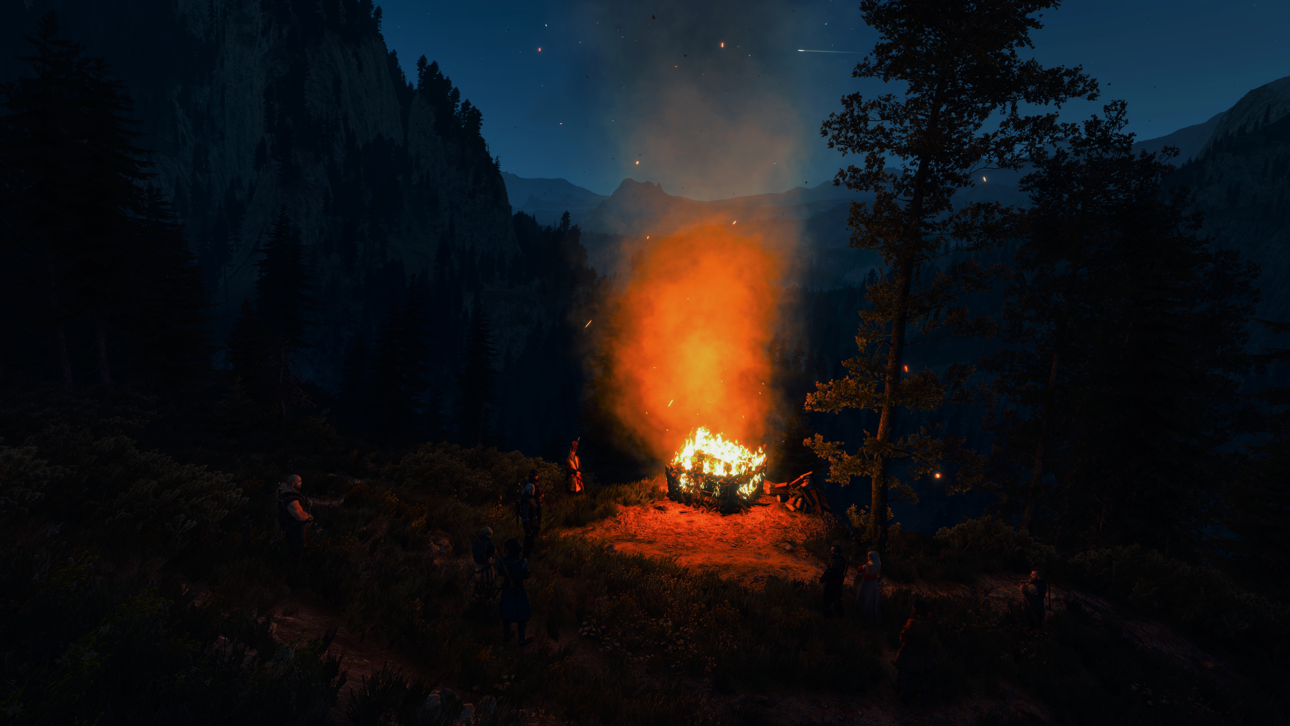 General 5120x2880 trees fire night The Witcher 3: Wild Hunt The Witcher smoke outdoors video game art screen shot video games forest mountains video game characters CGI