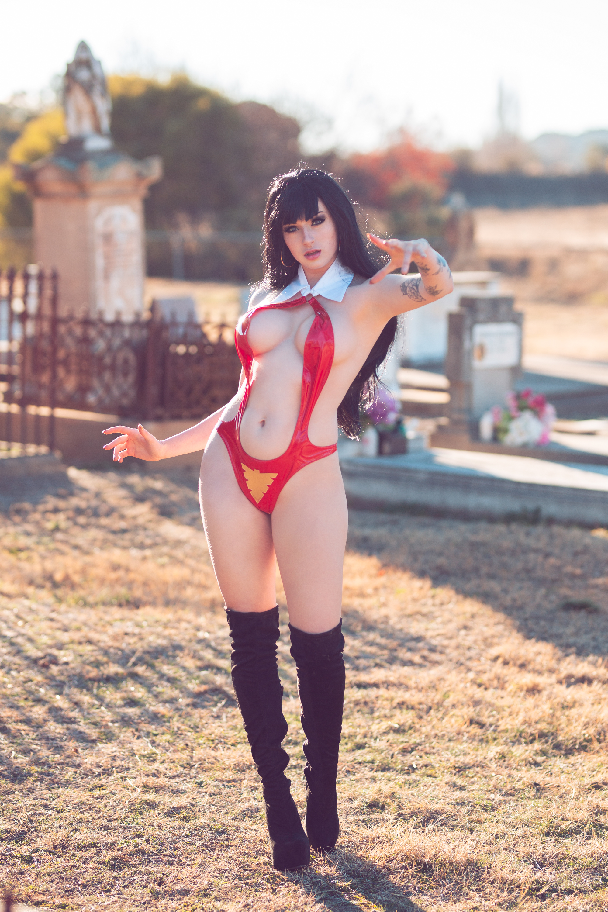 People 2000x3000 Kayla Erin Vampirella cosplay women model looking at viewer brunette knee-high boots one-piece swimsuit sideboob belly tattoo cemetery belly button cleavage