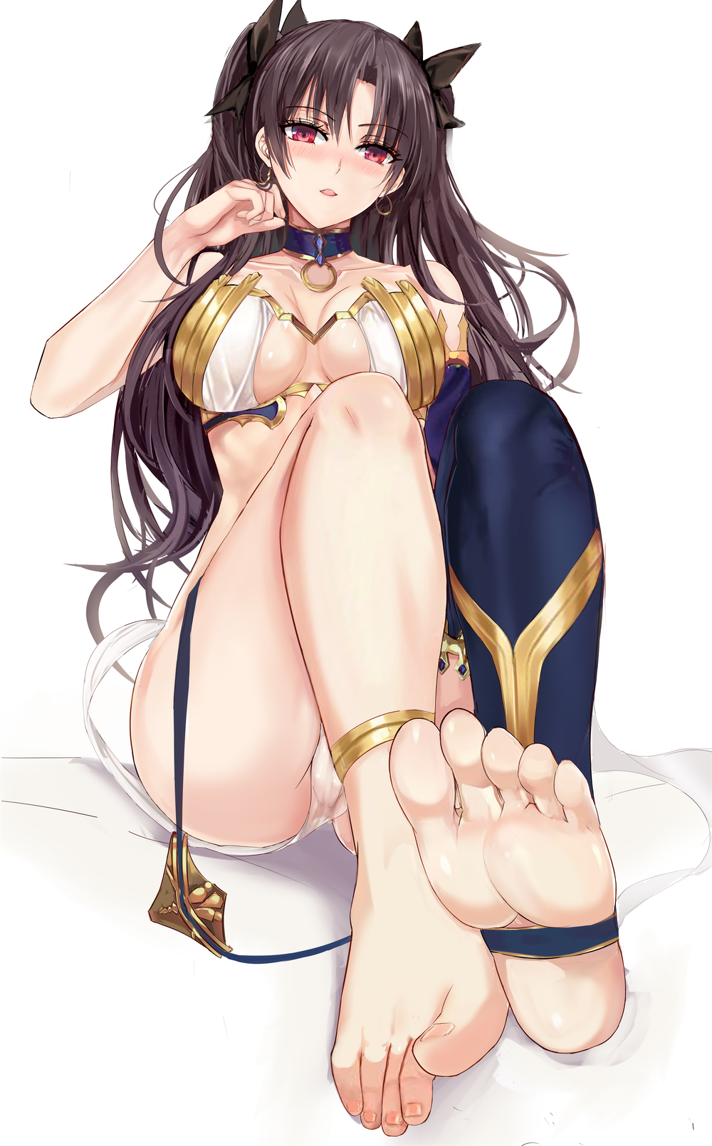 Anime 1000x1610 Fate series Fate/Grand Order red eyes long hair legs feet Ishtar (Fate/Grand Order) anime girls MSK12003 foot fetishism toes white background simple background blushing open mouth looking at viewer cleavage sitting legs together