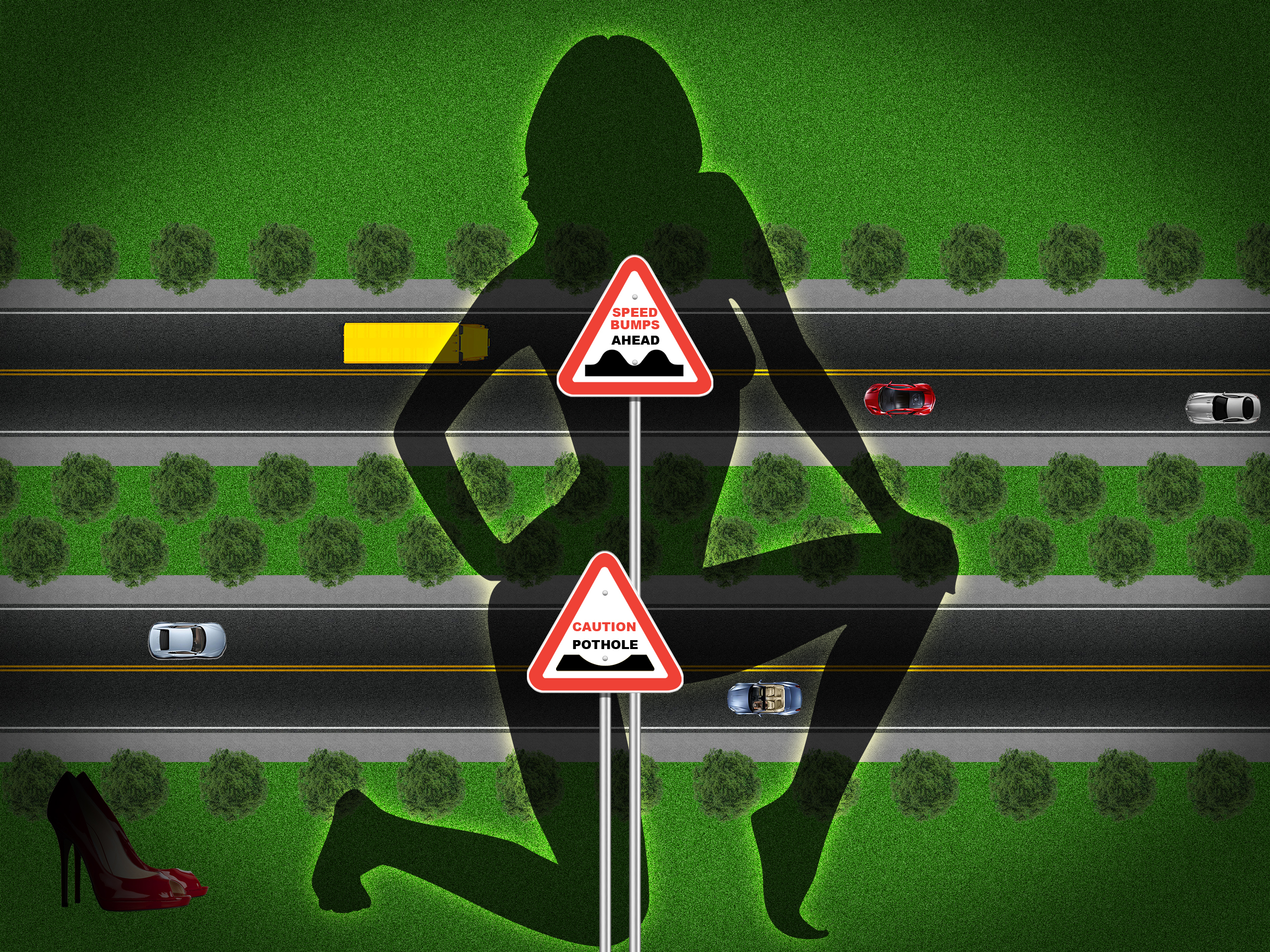 General 2560x1920 road road sign sign car vehicle kneeling women silhouette humor