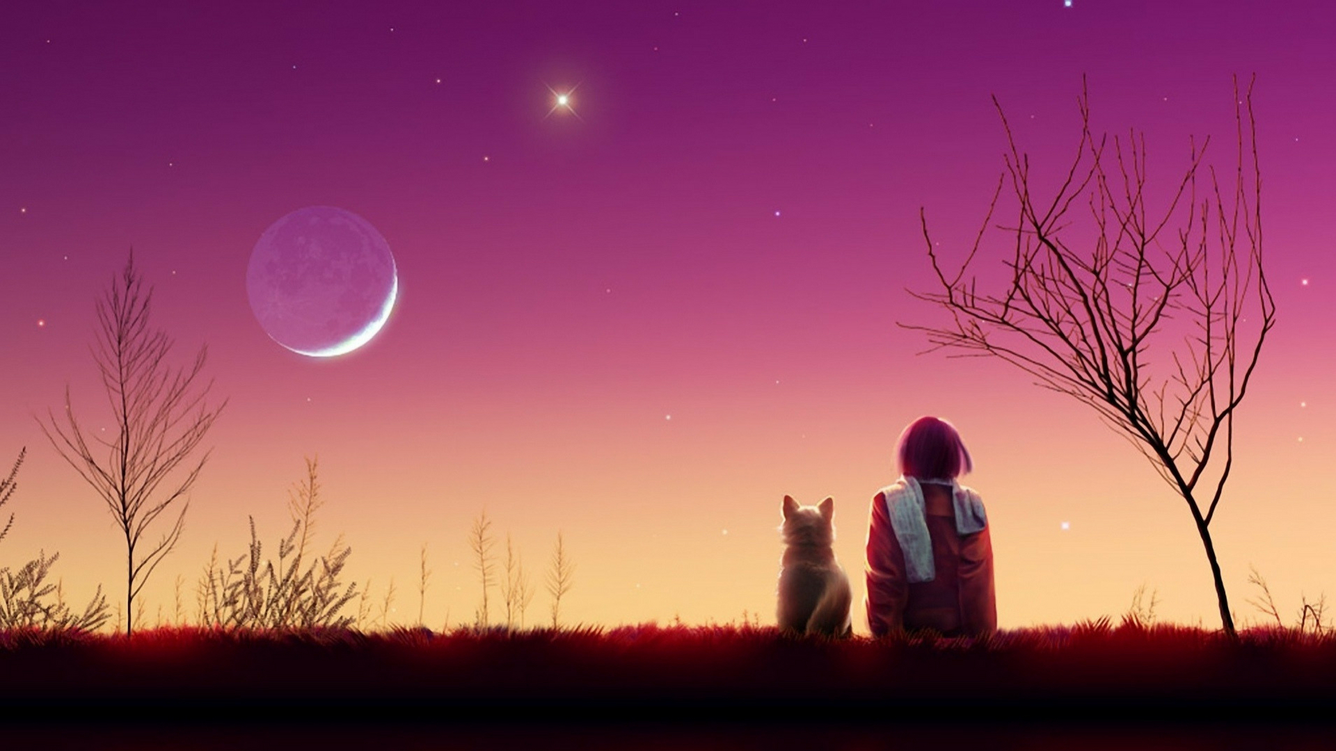 Anime 1920x1080 anime dog sky stars sitting Moon
