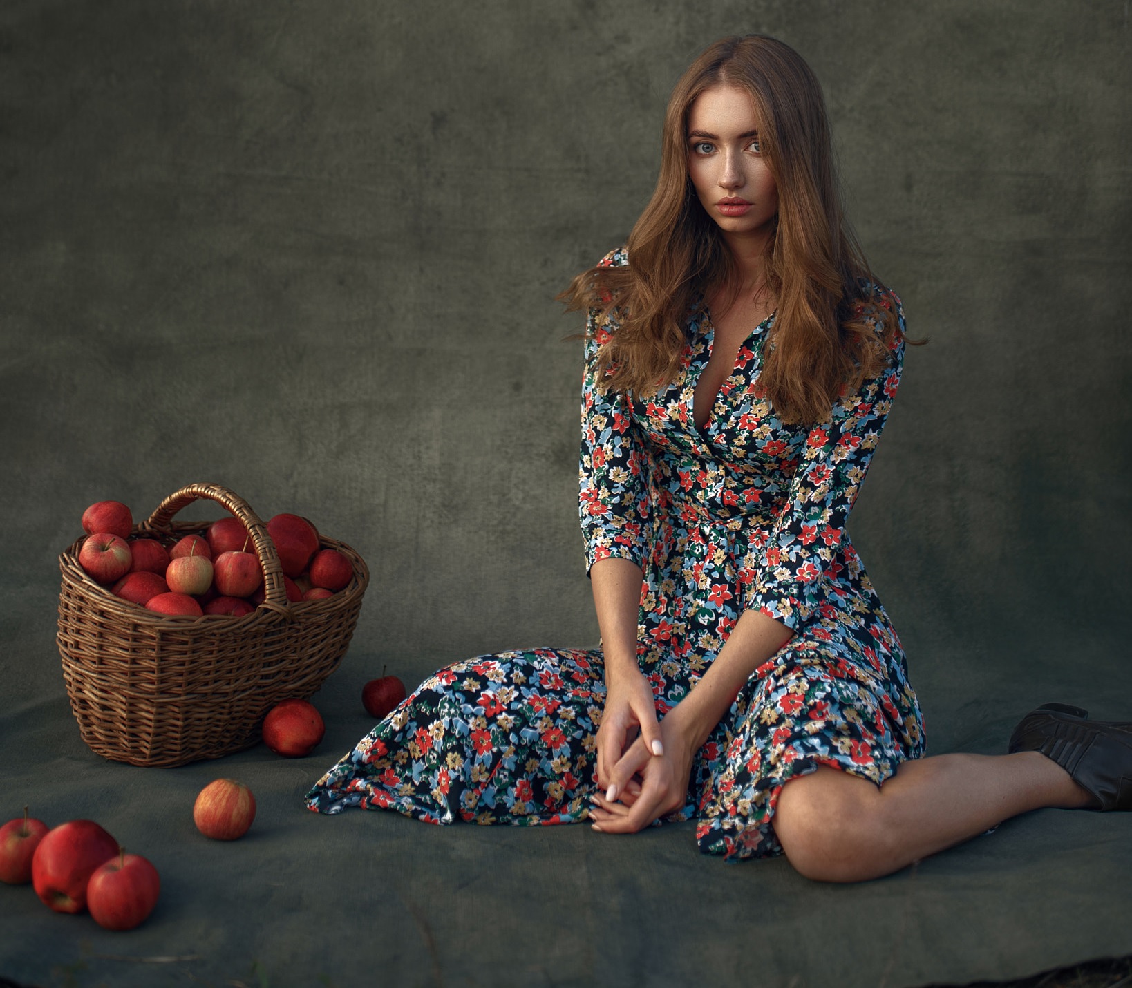 People 1638x1430 Maks Kuzin women brunette long hair wavy hair makeup looking at viewer dress open clothes cleavage flower dress colorful on the floor baskets food apples simple background