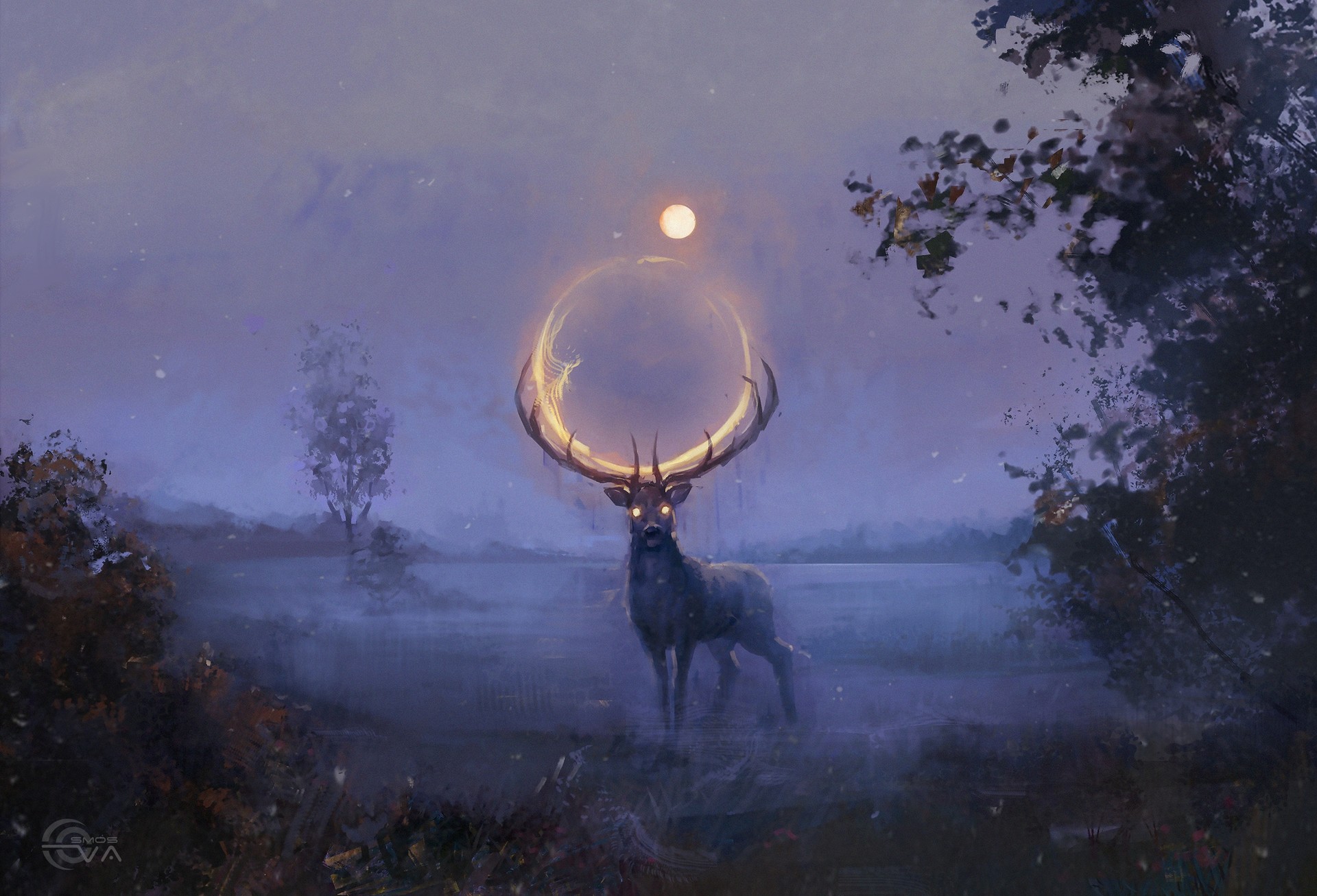 General 1920x1307 Eva Kosmos deer night digital art Moon nature artwork