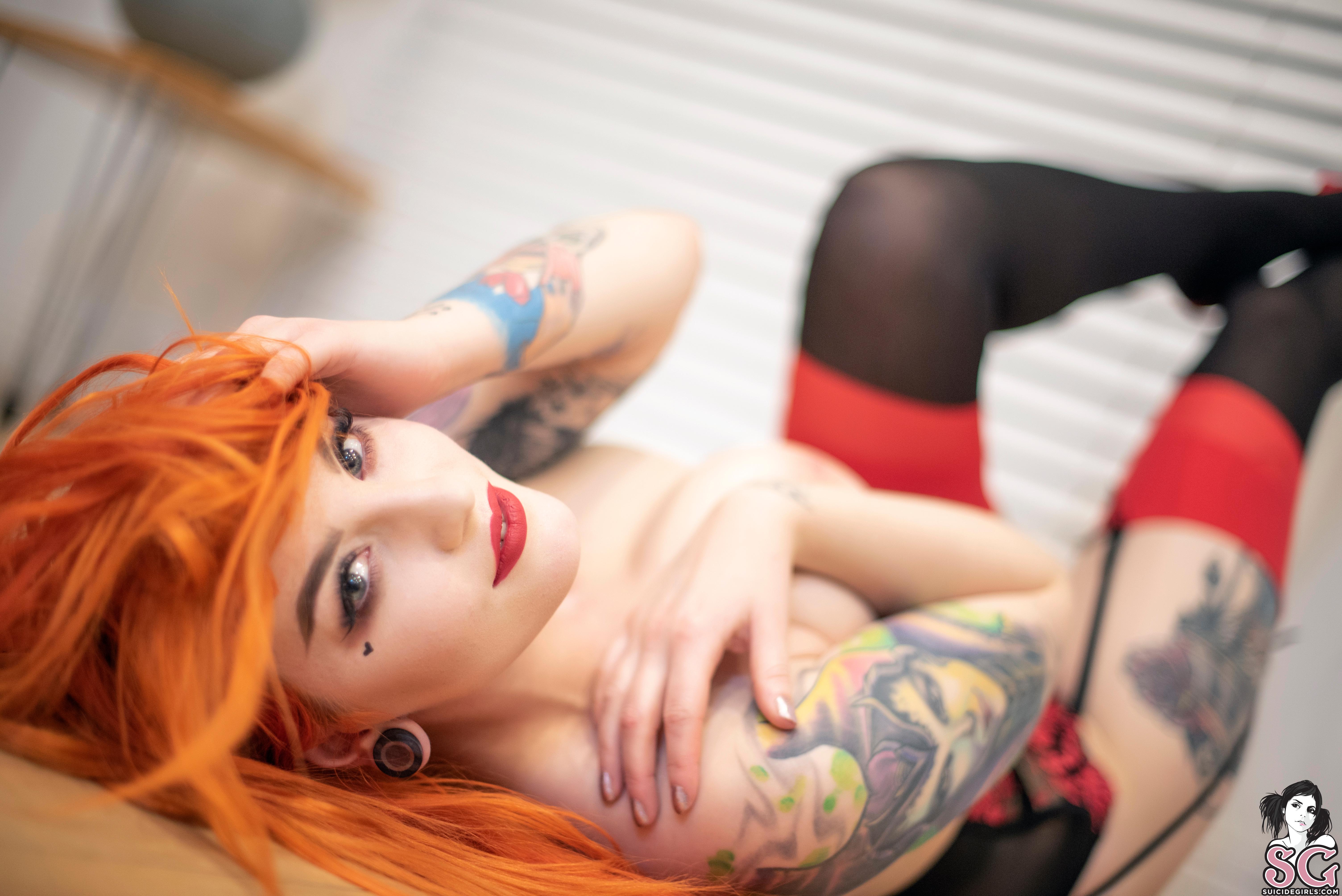 People 6016x4016 women model Suicide Girls Undead Suicide redhead women indoors topless inked girls tattoo looking at viewer stockings black stockings garter straps