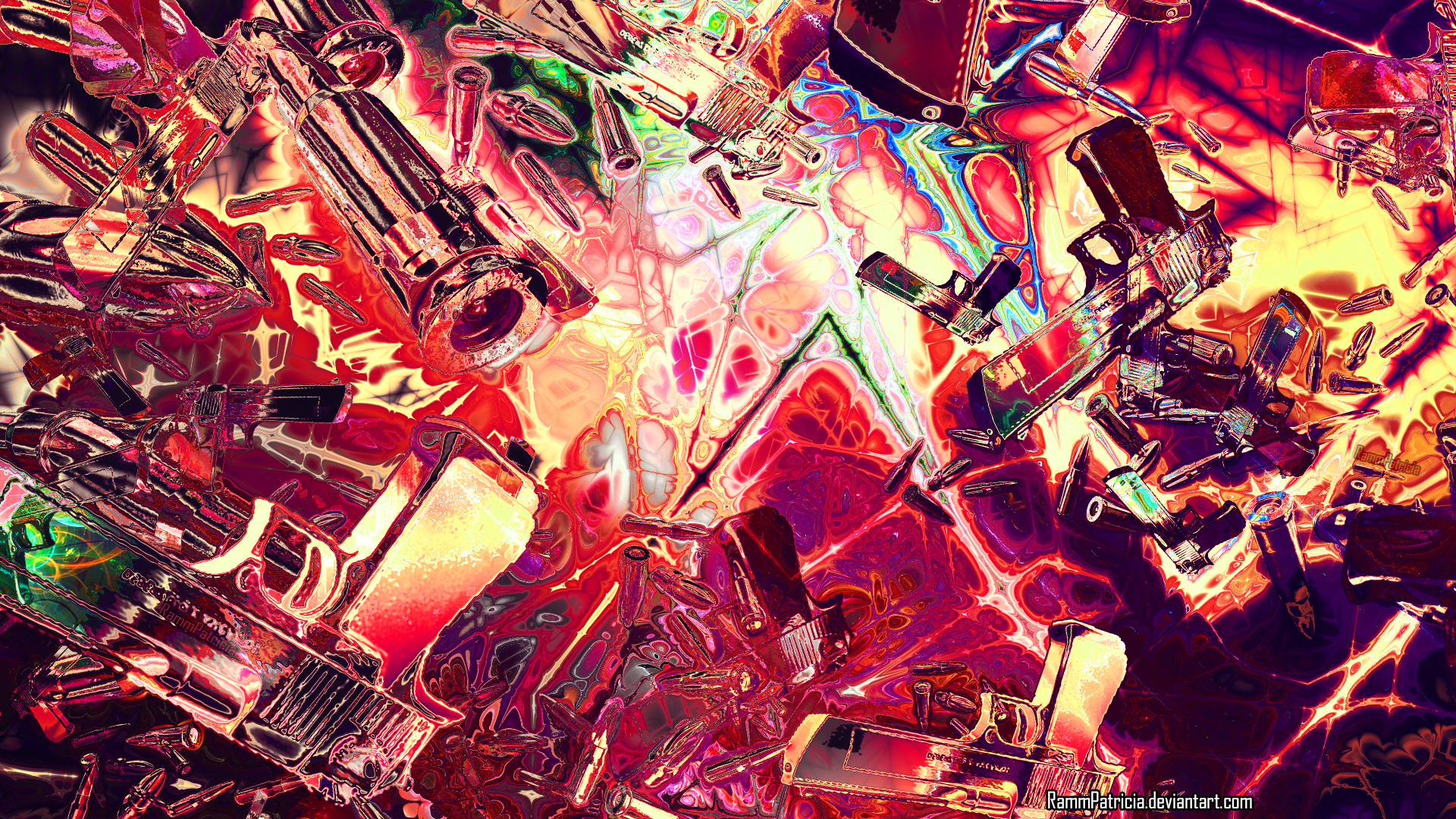 General 1920x1080 RammPatricia digital art abstract weapon gun ammunition shell casing bullet colorful pistol trippy psychedelic watermarked