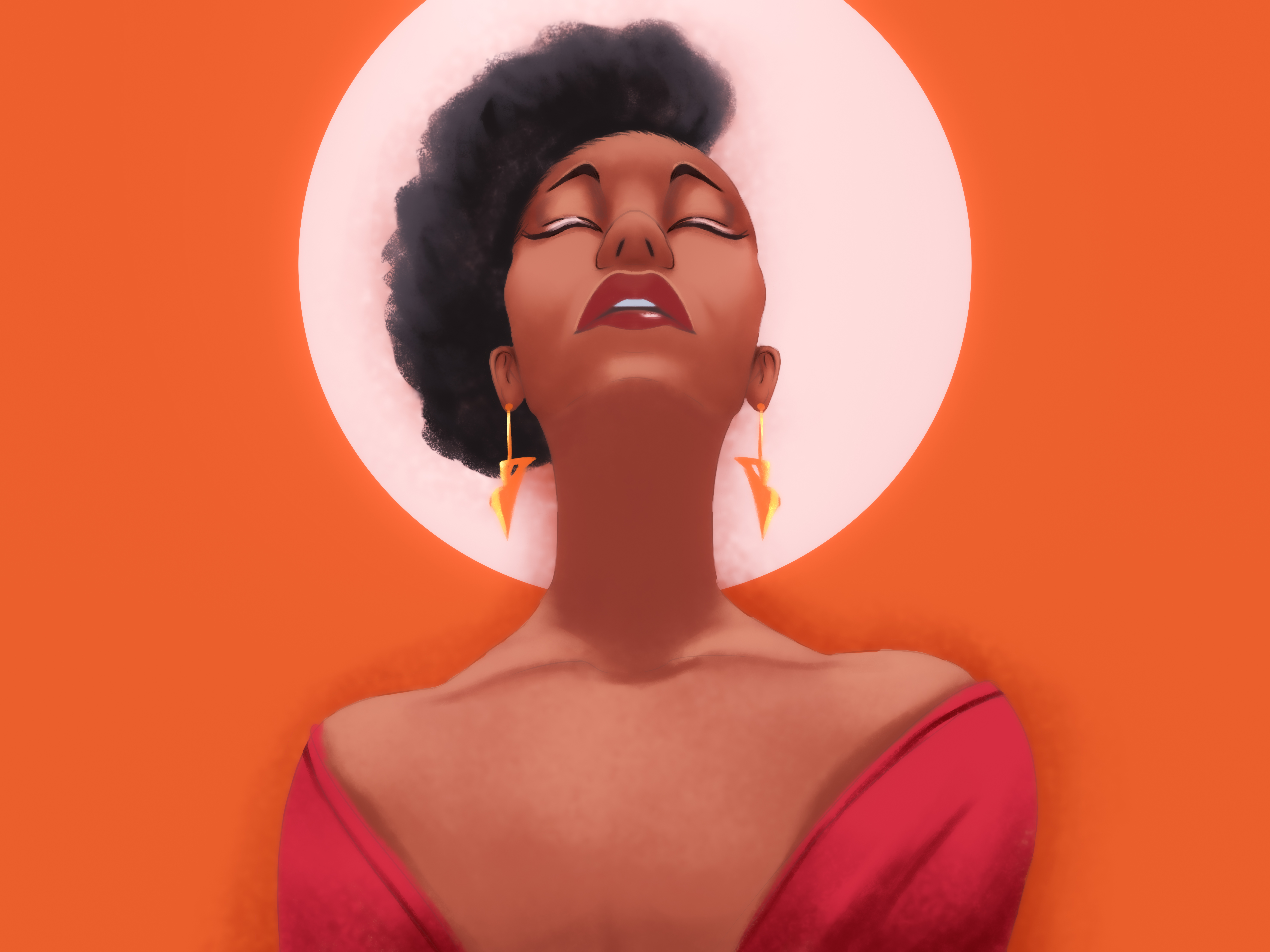 General 7200x5400 glowing orange background Moon Afro artwork women earring dark skin digital art simple background