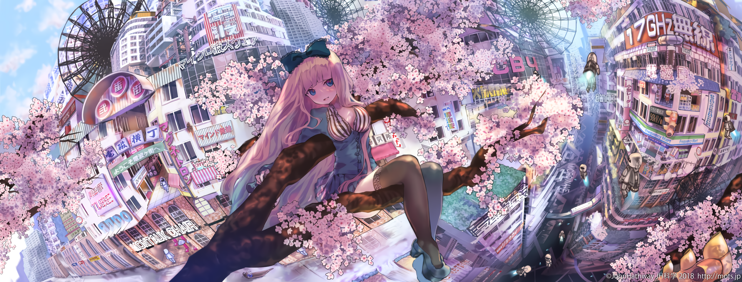 Anime 2524x960 anime girls JohnHathway anime colorful pink hair long hair cityscape