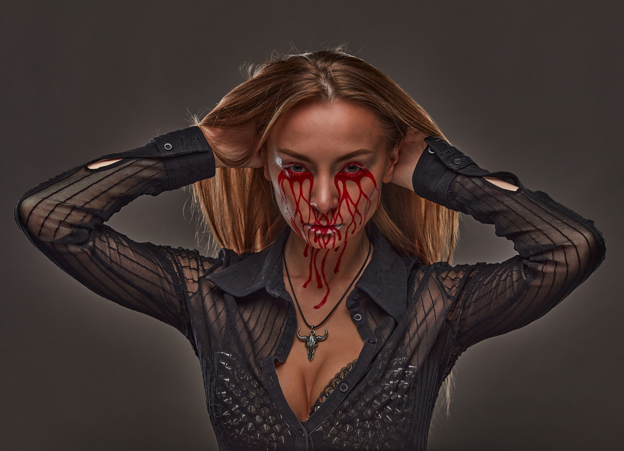 People 2048x1483 Bleeding Eyes face women women indoors model frontal view spikes face paint