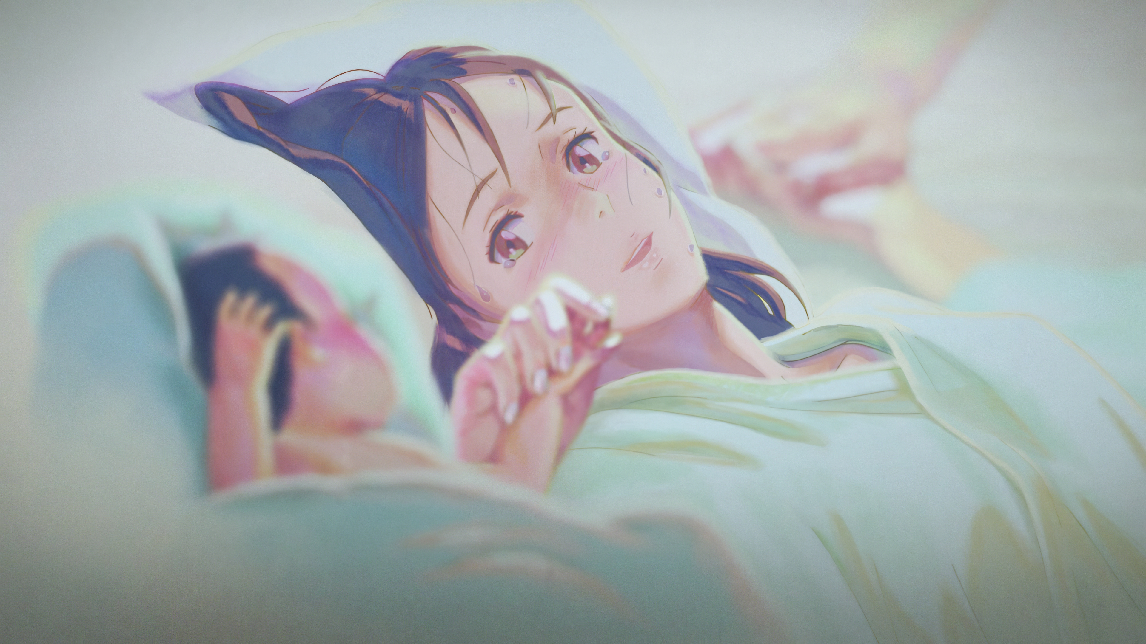 Anime 3840x2160 Makoto Shinkai  Kimi no Na Wa anime girls anime Mitsuha Miyamizu hands crying lying down baby depth of field open mouth brown eyes black hair sweat women
